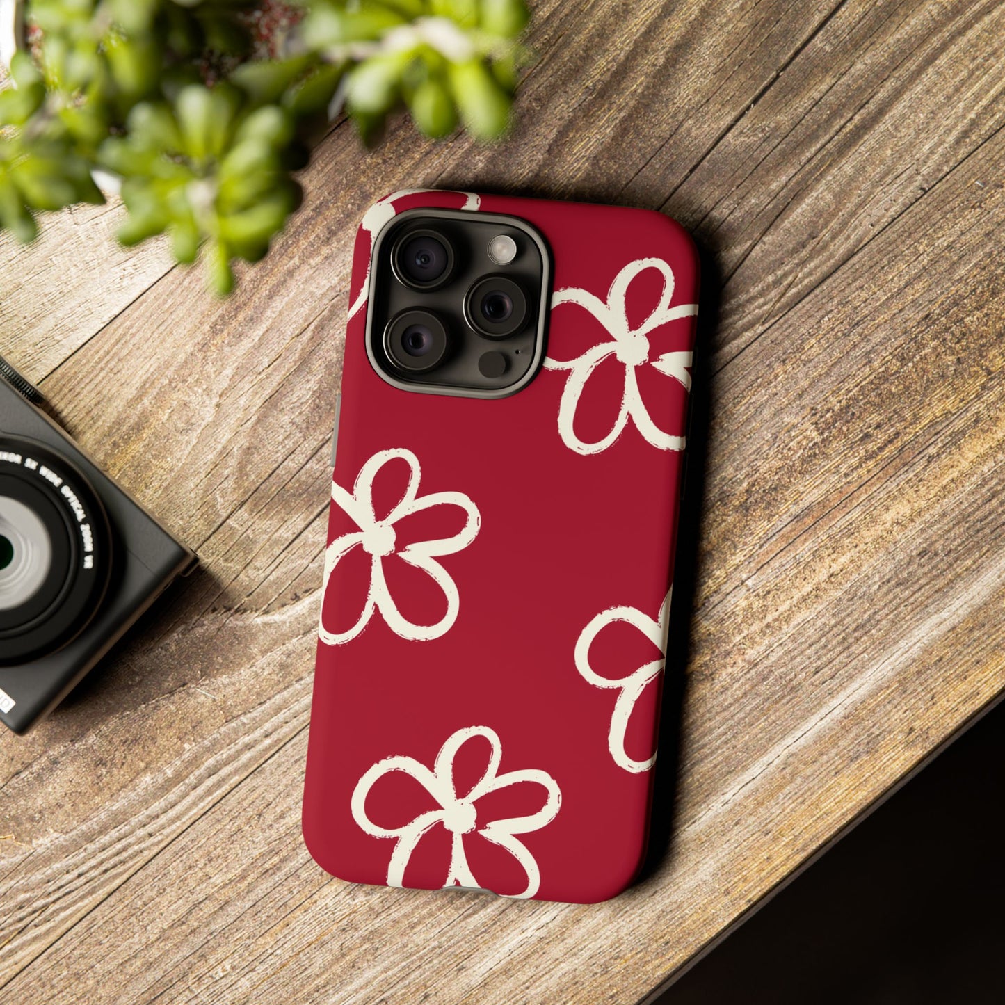 Red Floral Tough Phone Case — Hand-Drawn White Flowers on Burgundy