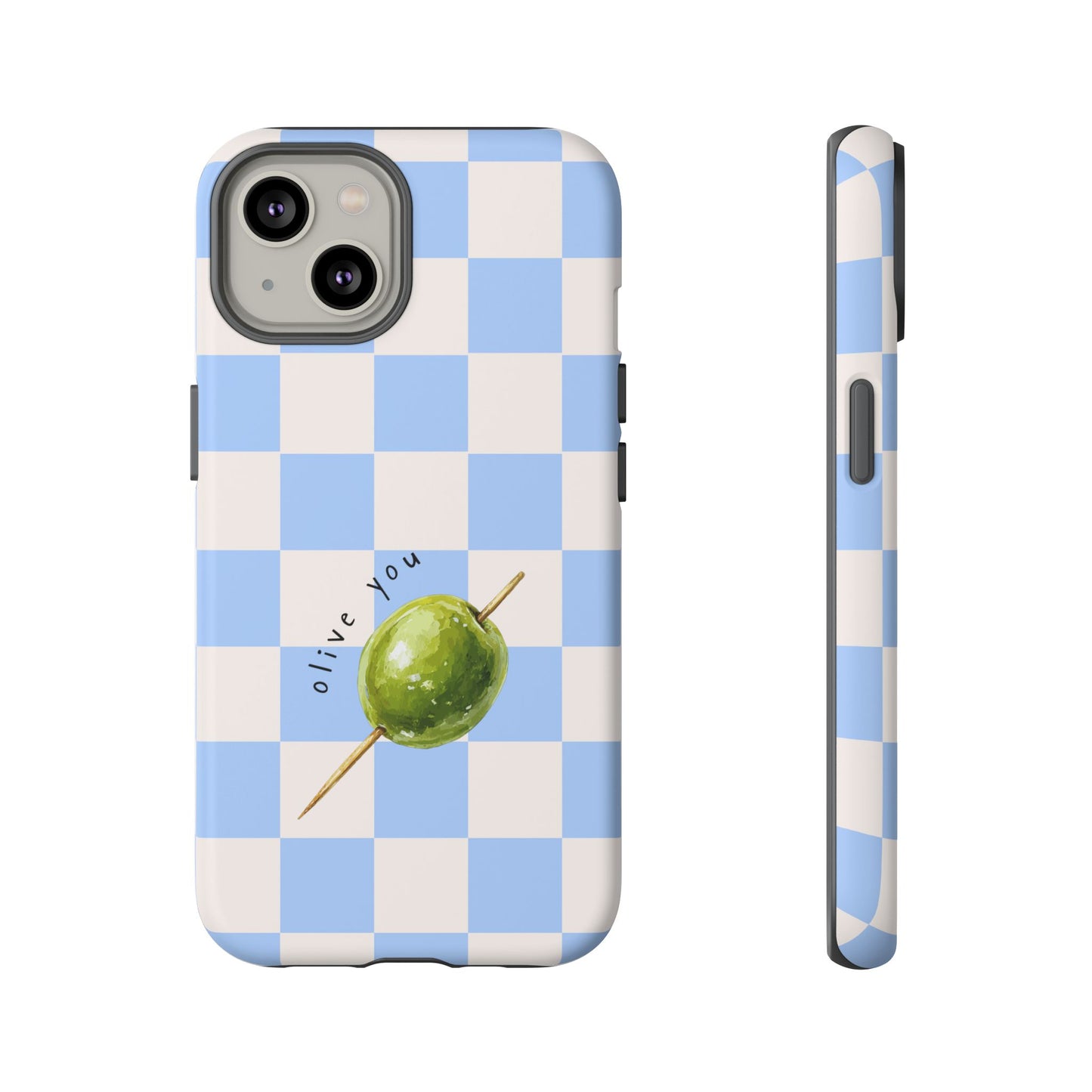 Blue Checkered Phone Case — 'Olive You' Patterned Protective Cover