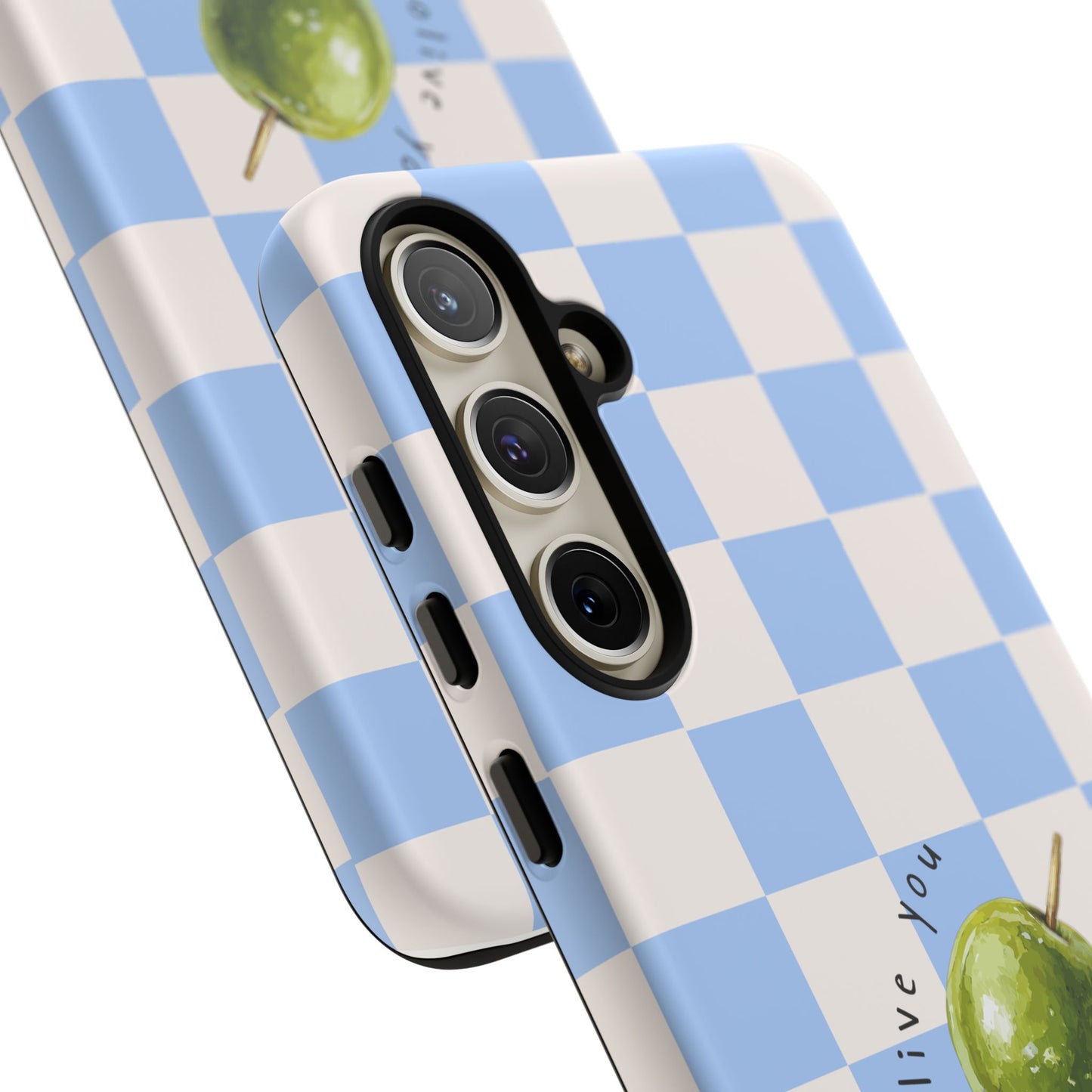 Blue Checkered Phone Case — 'Olive You' Patterned Protective Cover