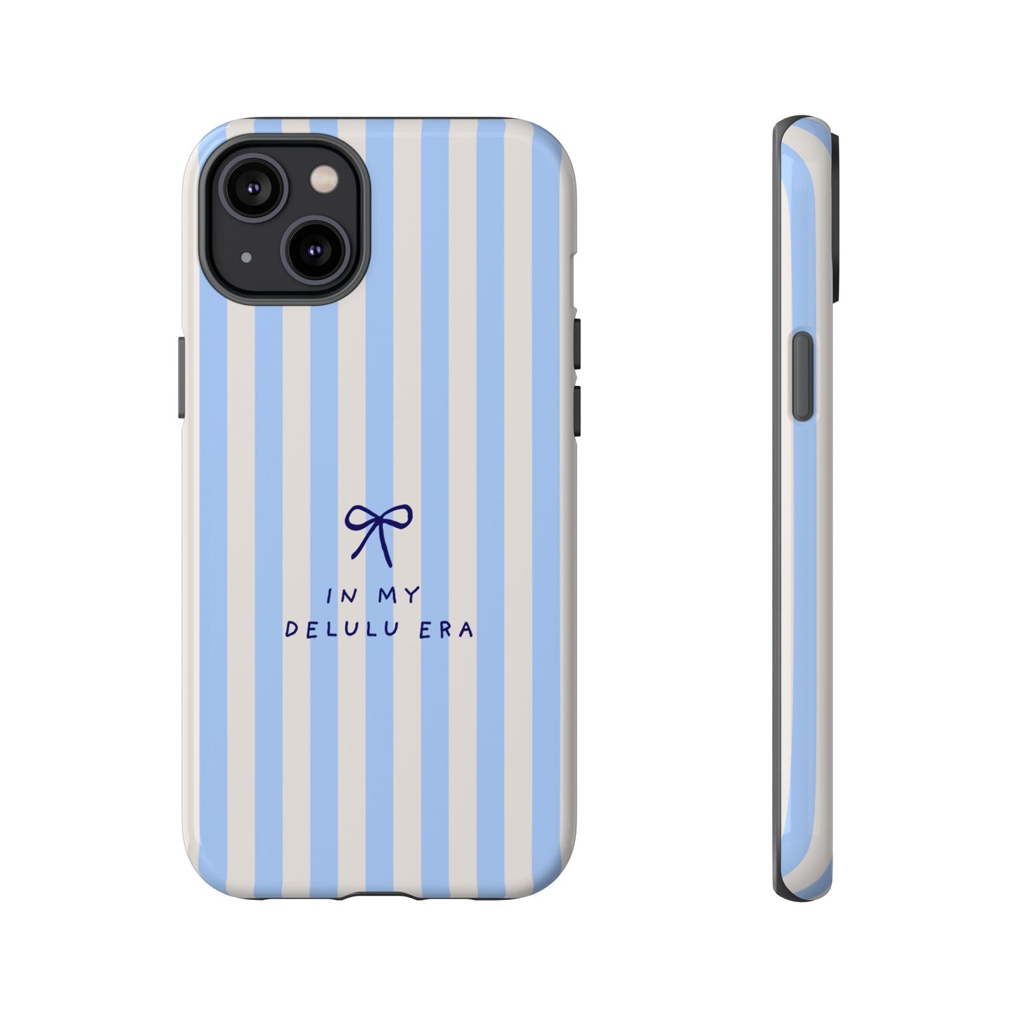 Striped Blue Phone Case — "In My Delulu Era" Cute Bow Design