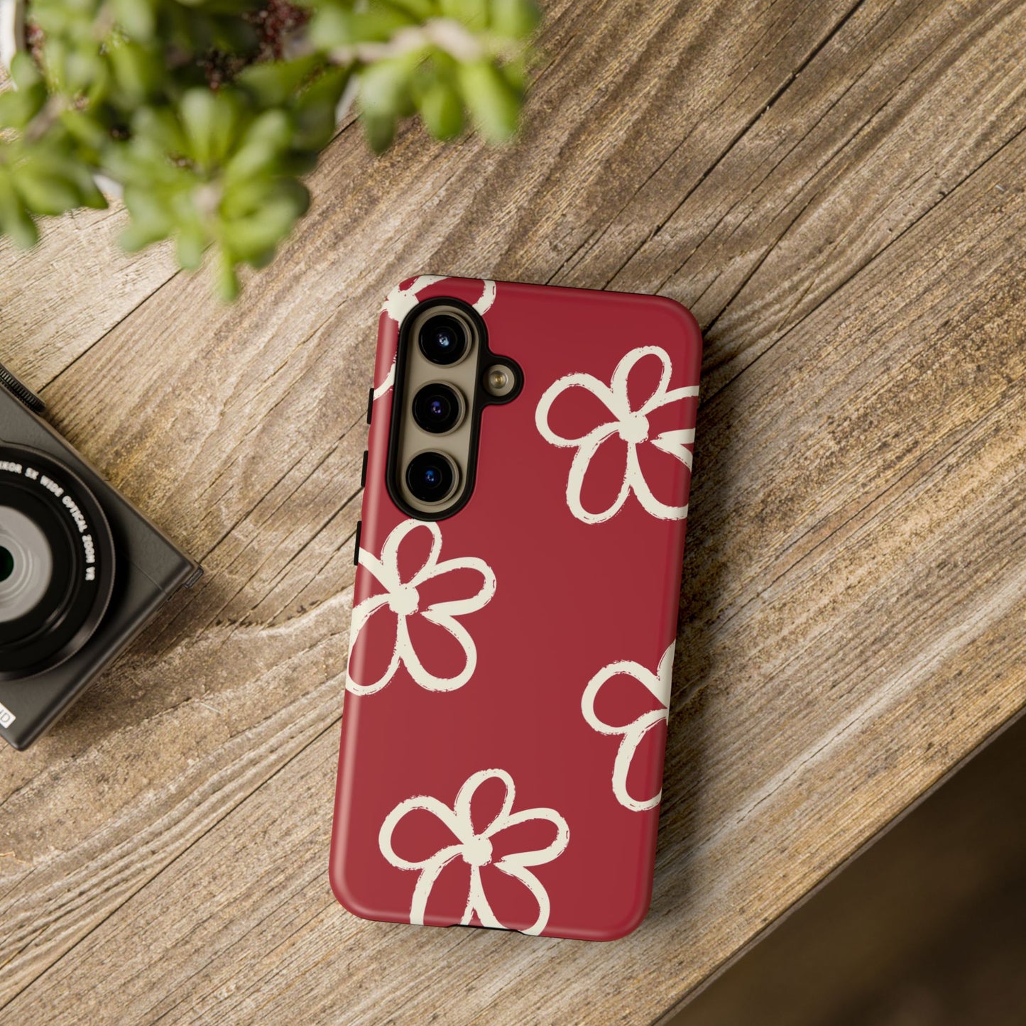 Red Floral Tough Phone Case — Hand-Drawn White Flowers on Burgundy