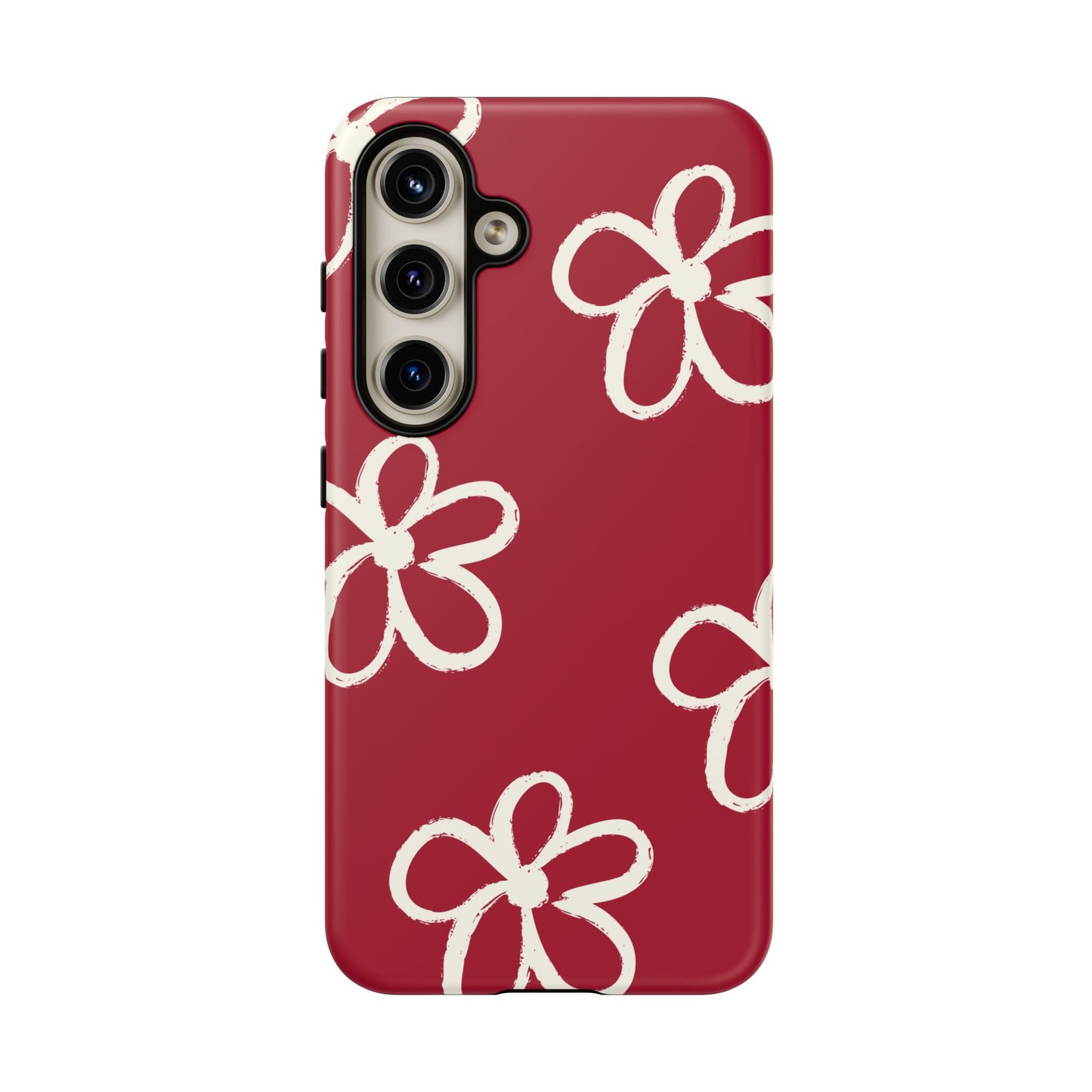 Red Floral Tough Phone Case — Hand-Drawn White Flowers on Burgundy