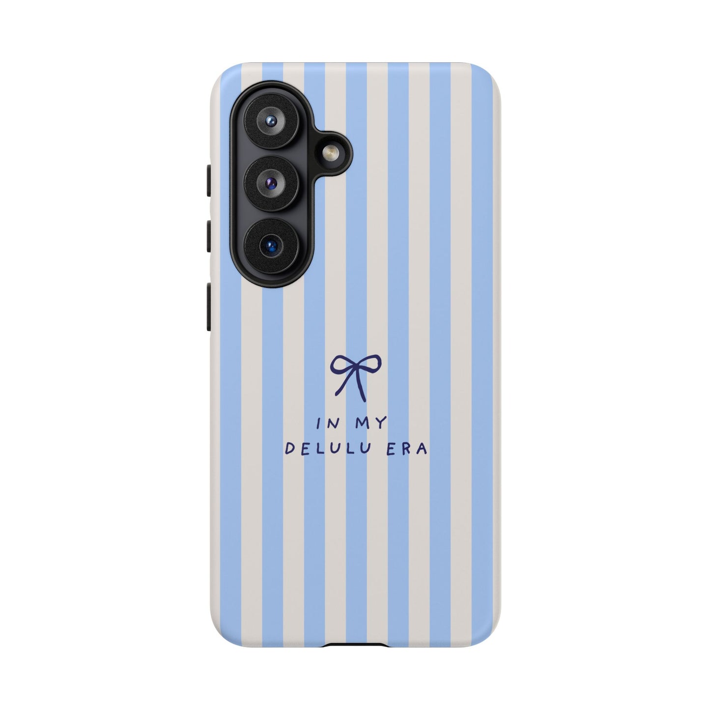 Striped Blue Phone Case — "In My Delulu Era" Cute Bow Design
