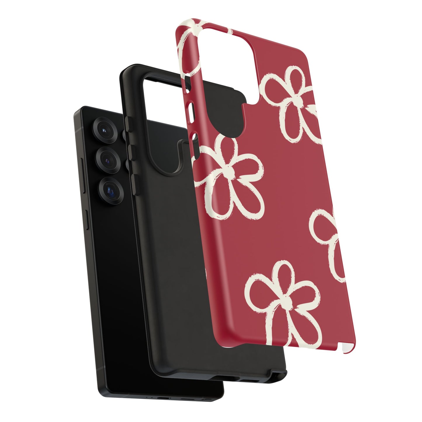 Red Floral Tough Phone Case — Hand-Drawn White Flowers on Burgundy