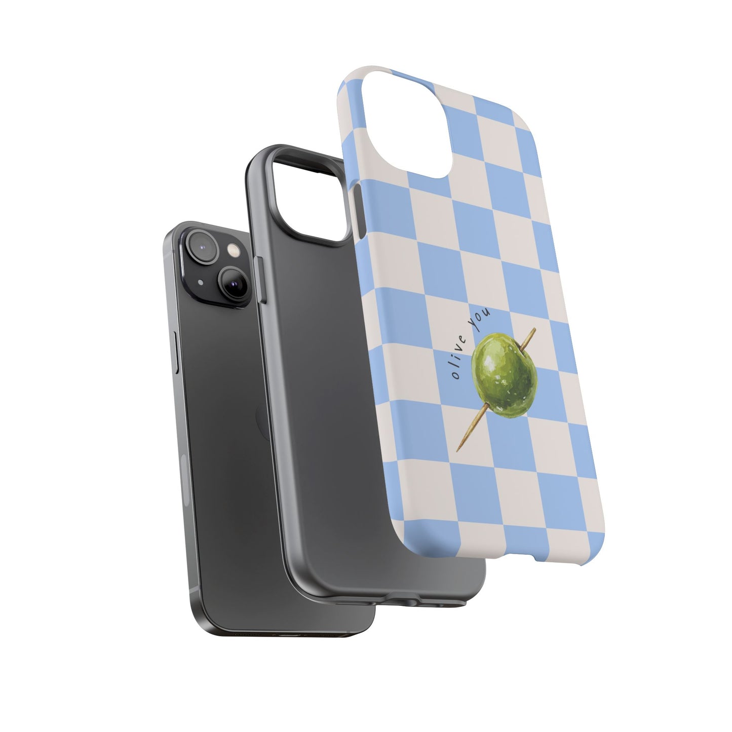 Blue Checkered Phone Case — 'Olive You' Patterned Protective Cover