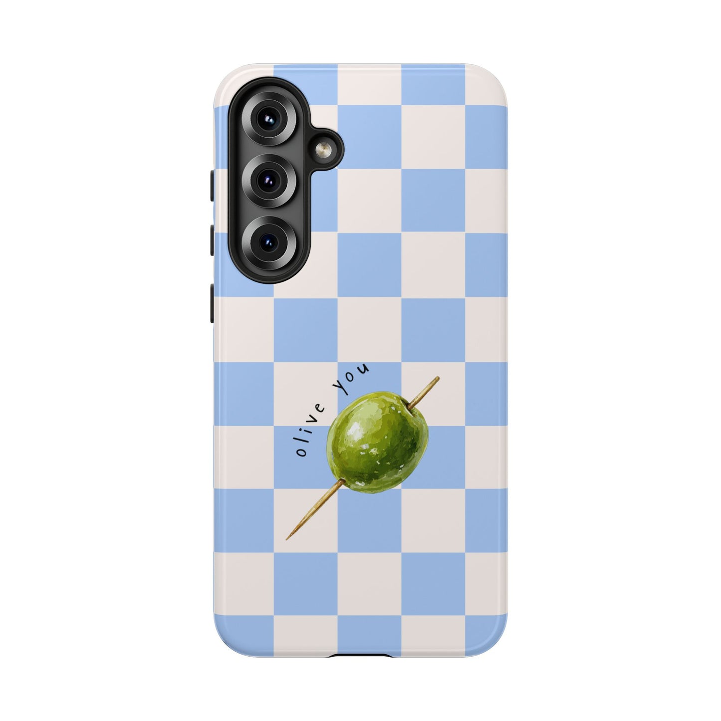 Blue Checkered Phone Case — 'Olive You' Patterned Protective Cover