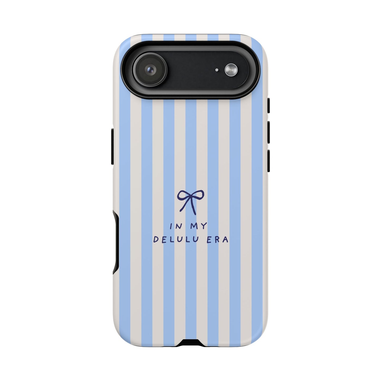 Striped Blue Phone Case — "In My Delulu Era" Cute Bow Design