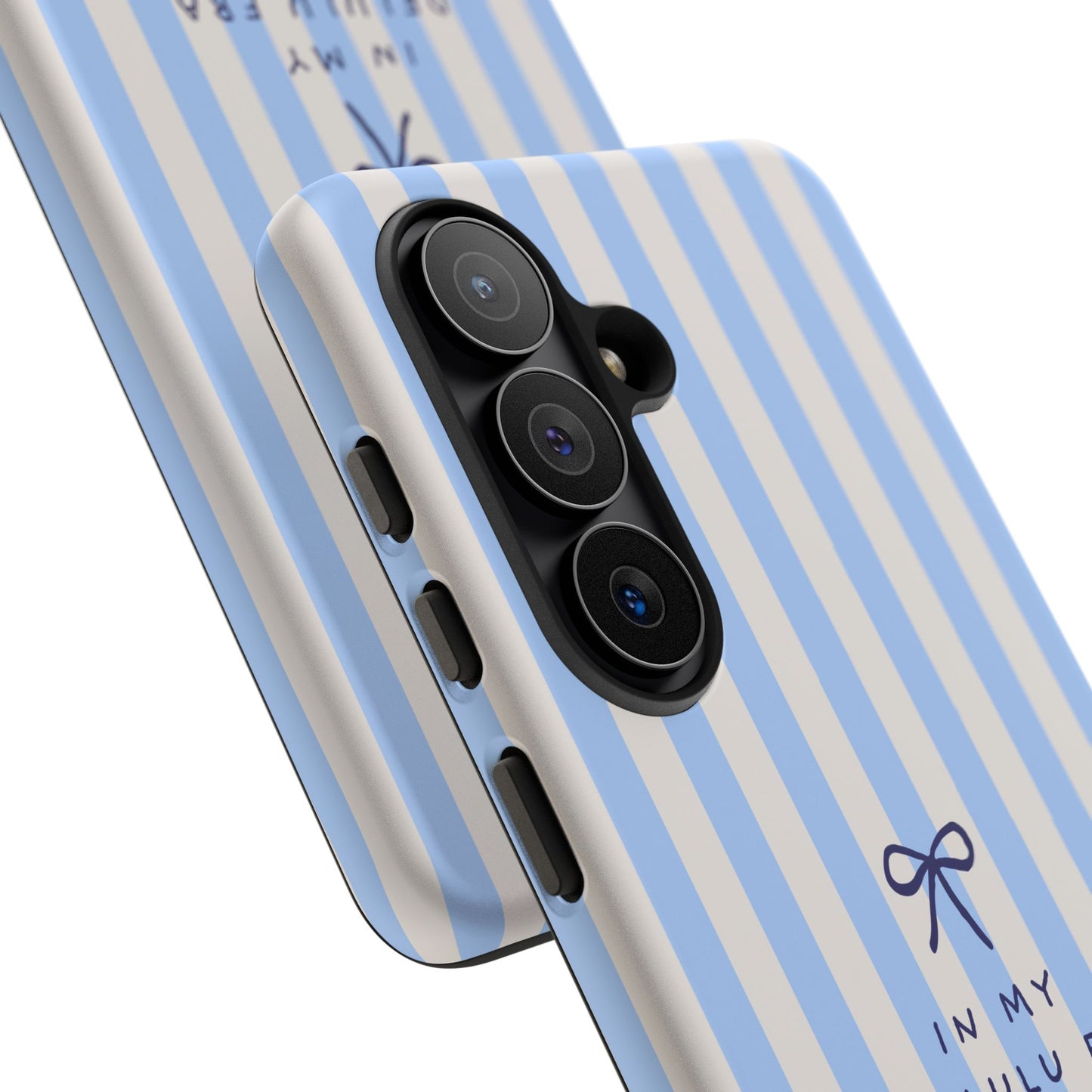 Striped Blue Phone Case — "In My Delulu Era" Cute Bow Design