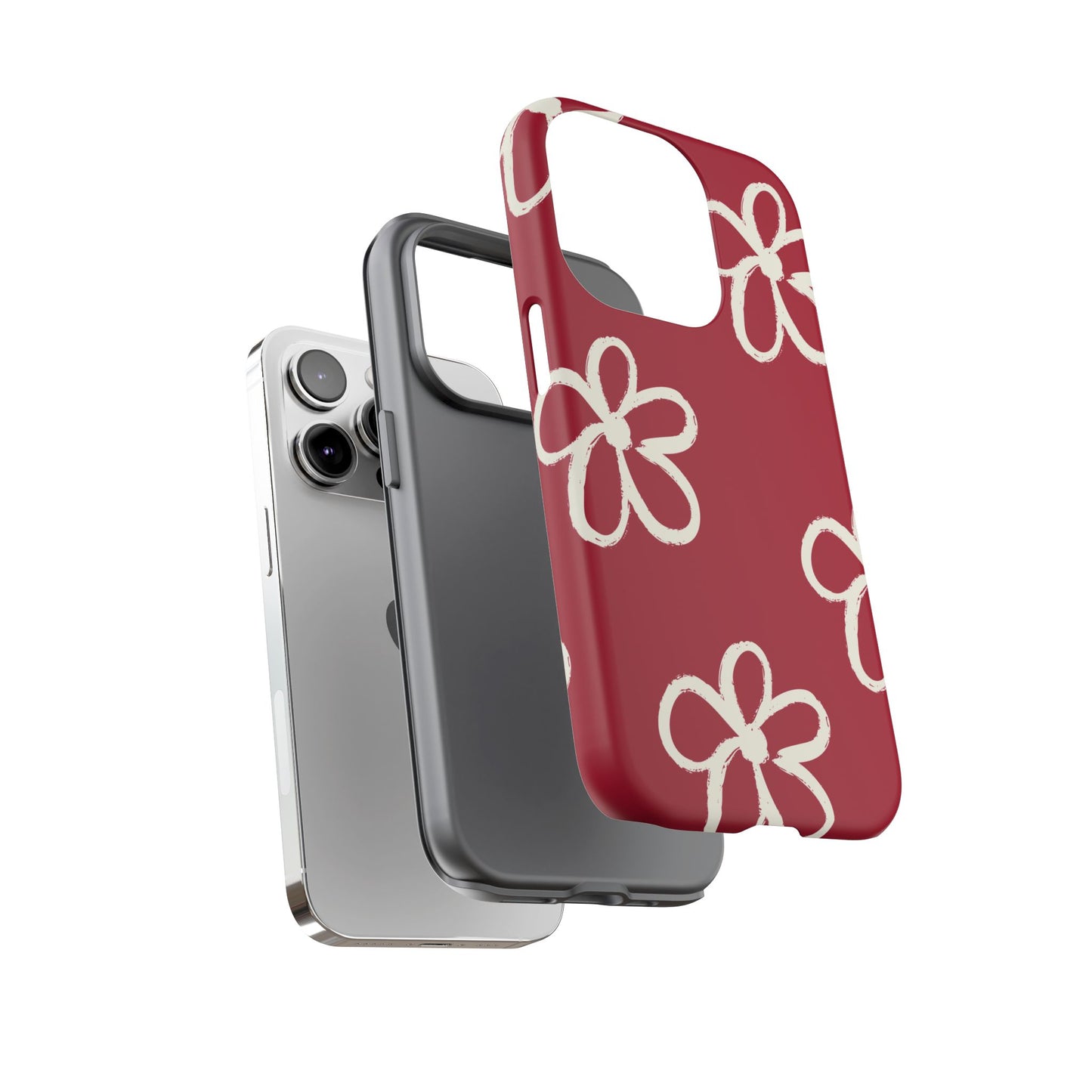 Red Floral Tough Phone Case — Hand-Drawn White Flowers on Burgundy