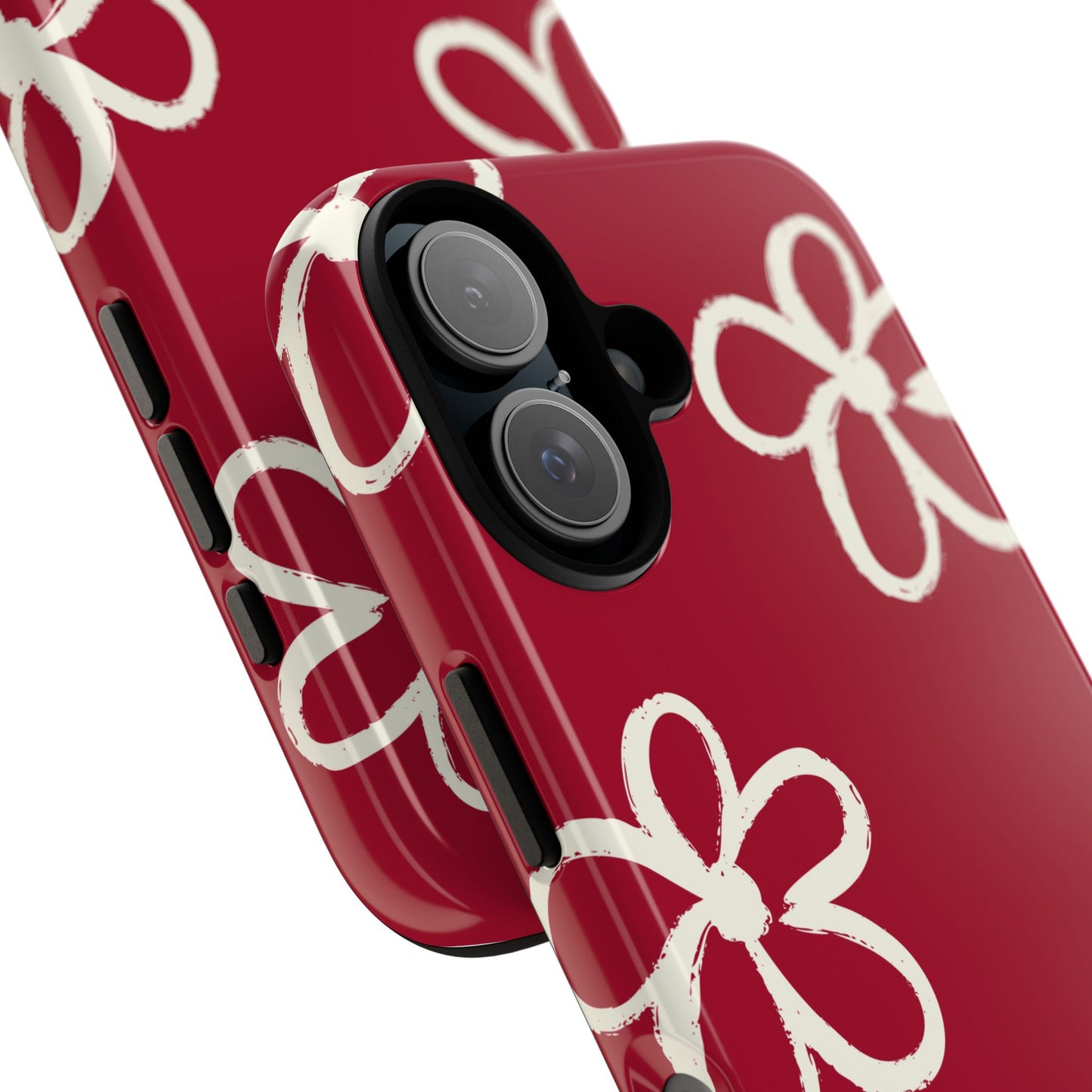 Red Floral Tough Phone Case — Hand-Drawn White Flowers on Burgundy
