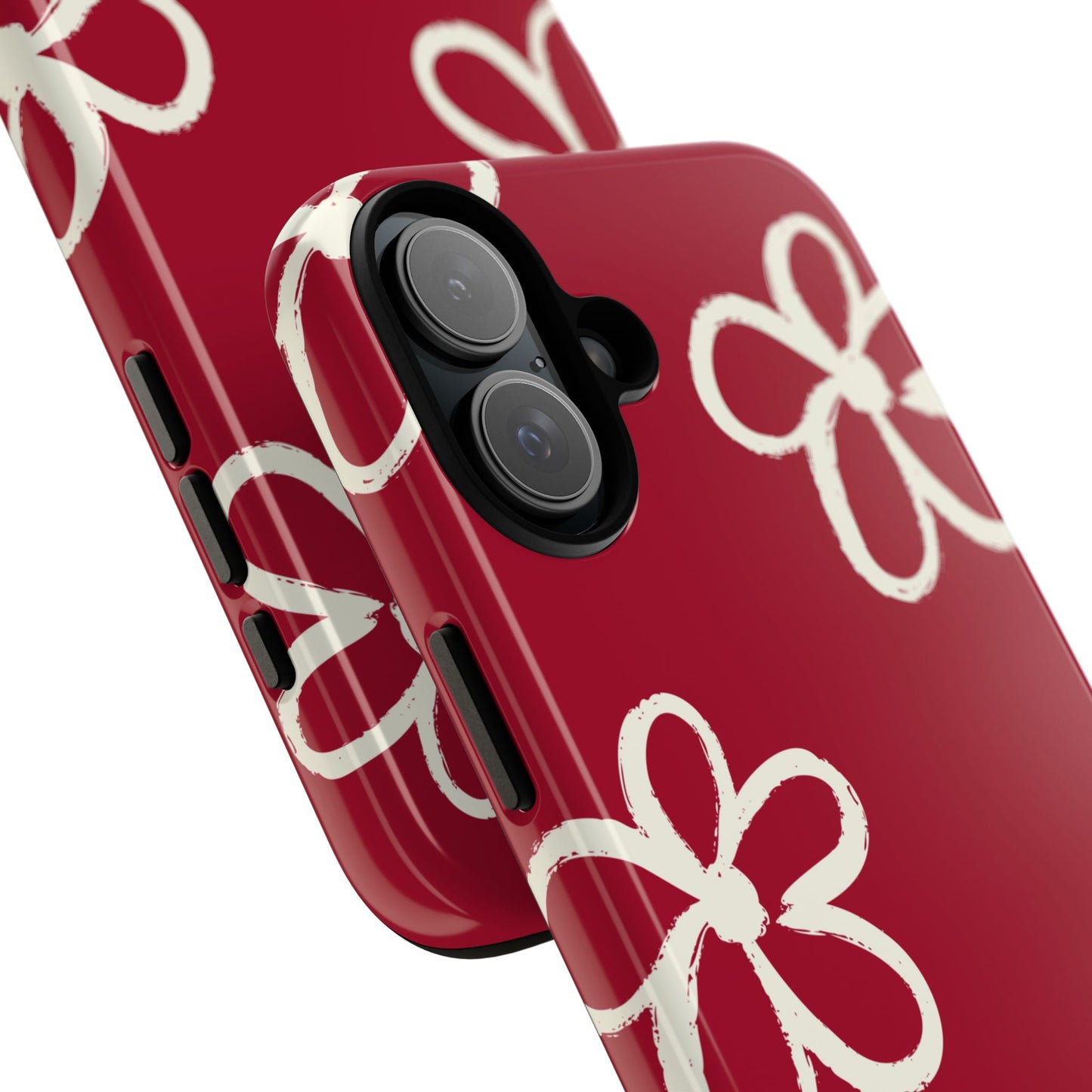 Red Floral Tough Phone Case — Hand-Drawn White Flowers on Burgundy