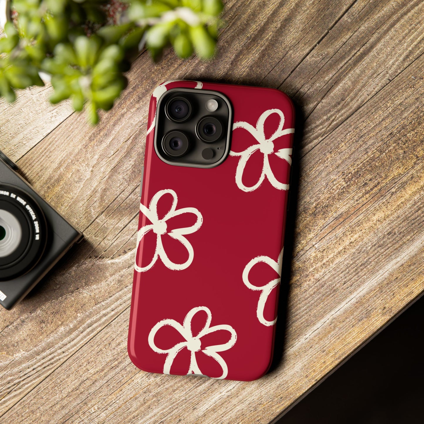 Red Floral Tough Phone Case — Hand-Drawn White Flowers on Burgundy
