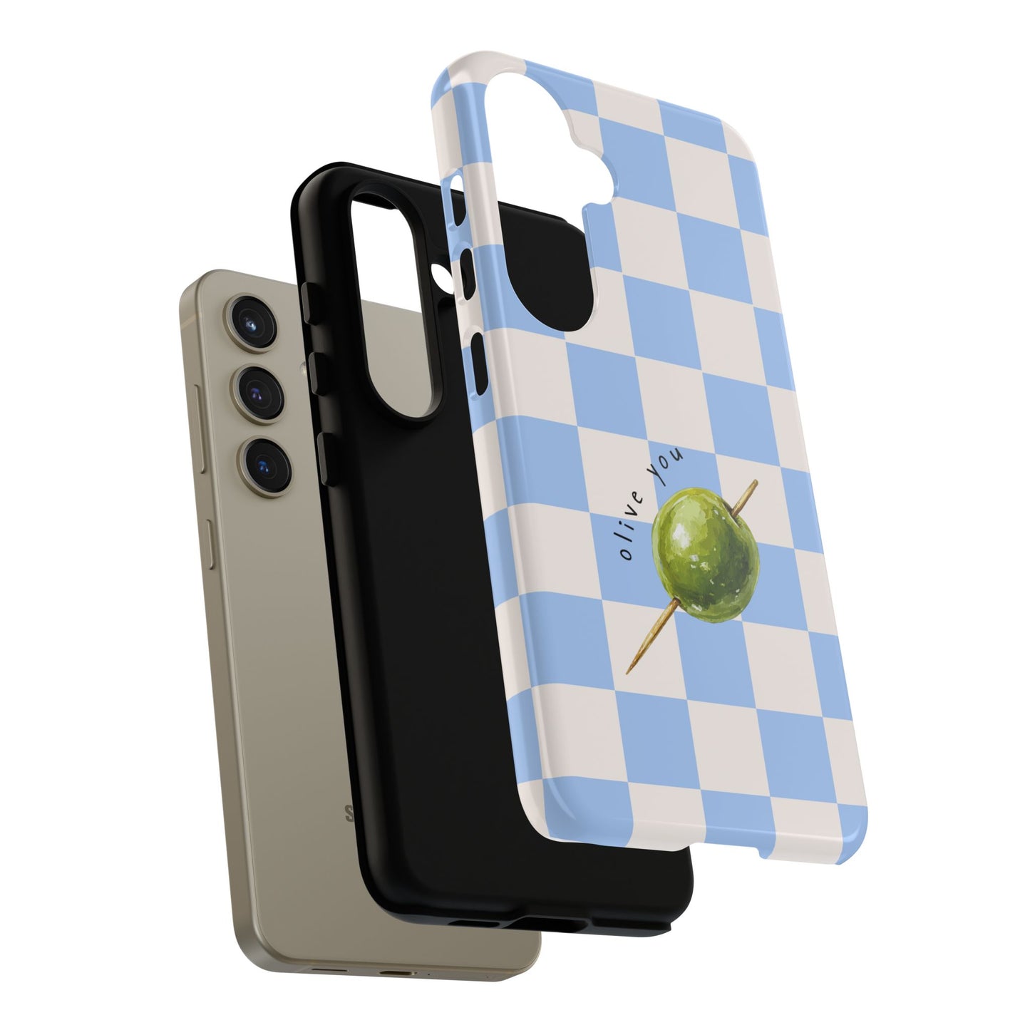 Blue Checkered Phone Case — 'Olive You' Patterned Protective Cover