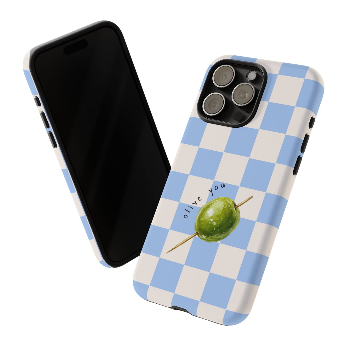 Blue Checkered Phone Case — 'Olive You' Patterned Protective Cover