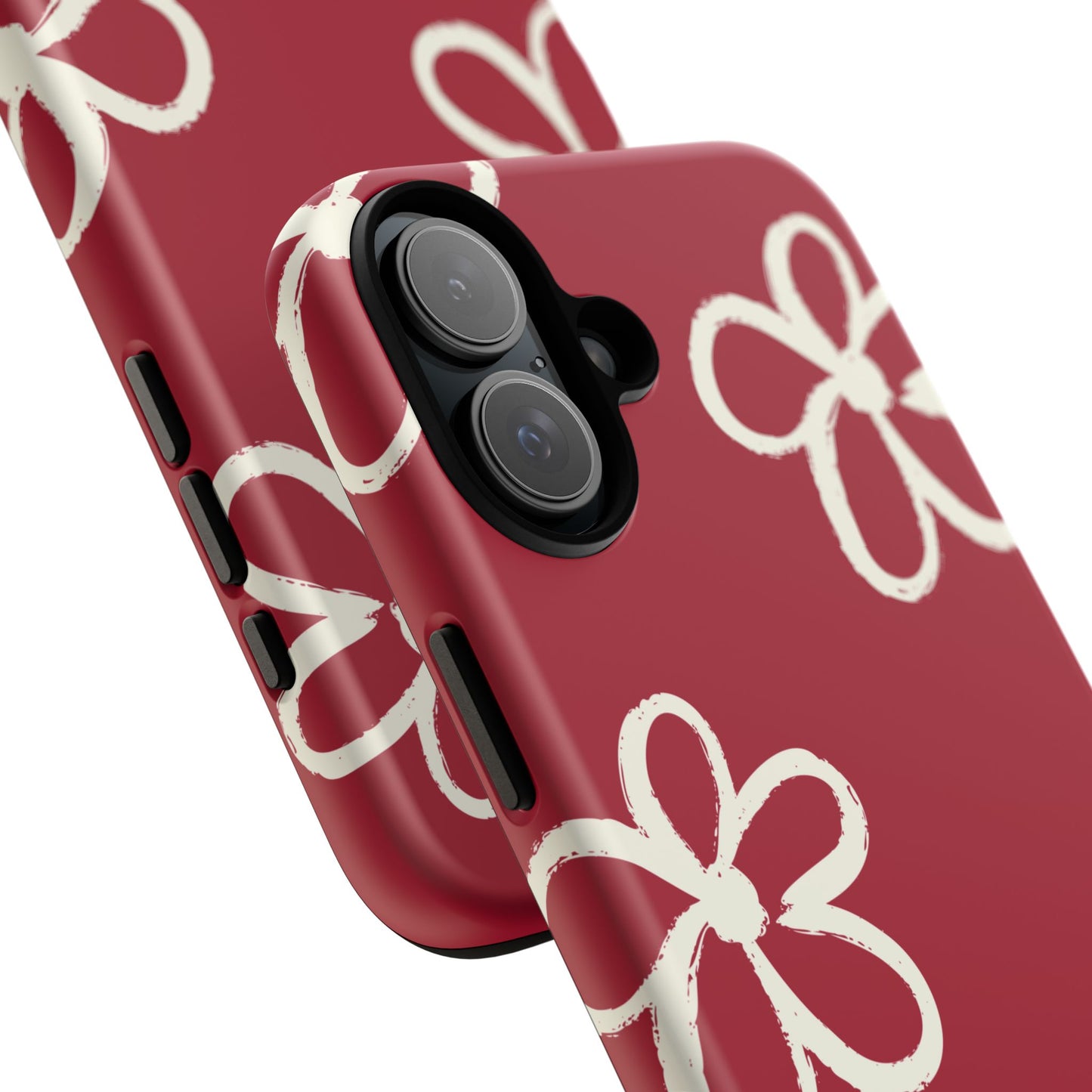 Red Floral Tough Phone Case — Hand-Drawn White Flowers on Burgundy