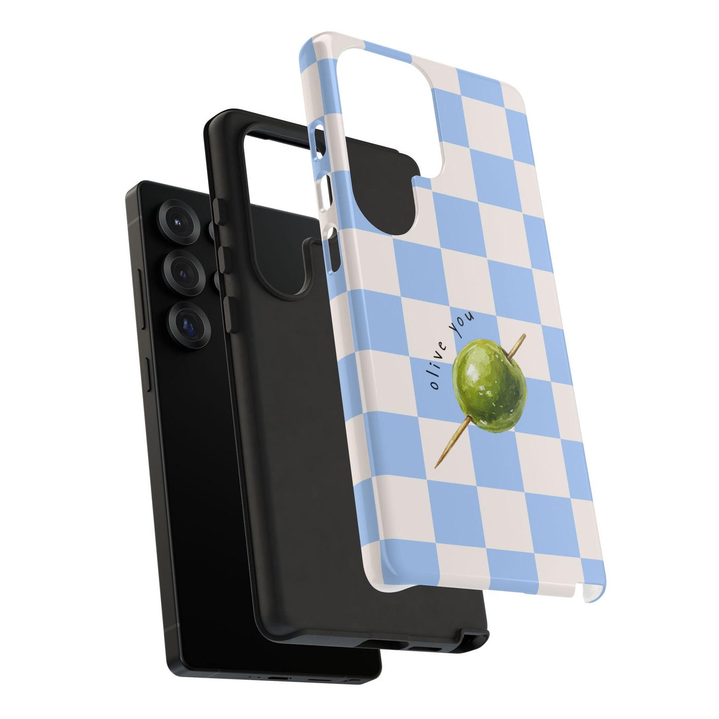 Blue Checkered Phone Case — 'Olive You' Patterned Protective Cover