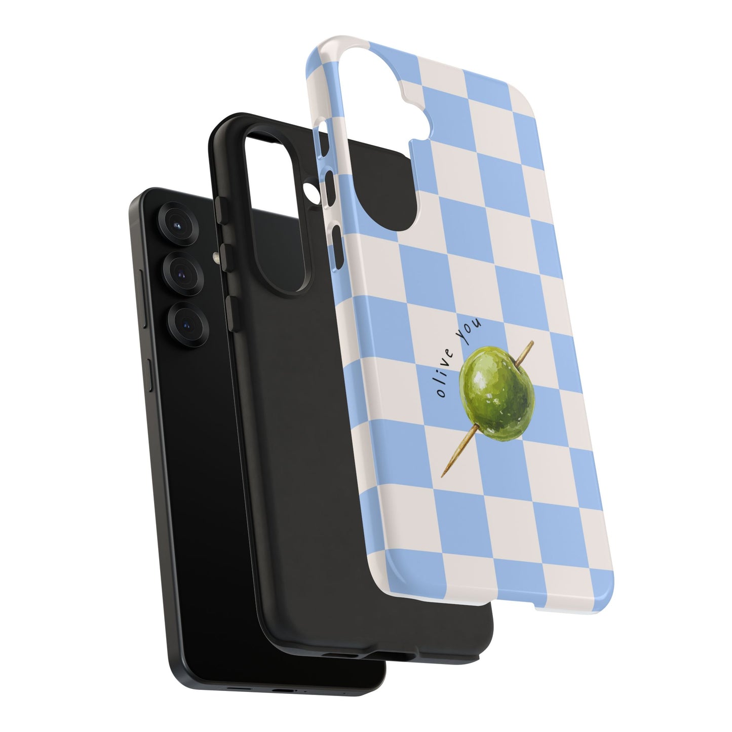 Blue Checkered Phone Case — 'Olive You' Patterned Protective Cover