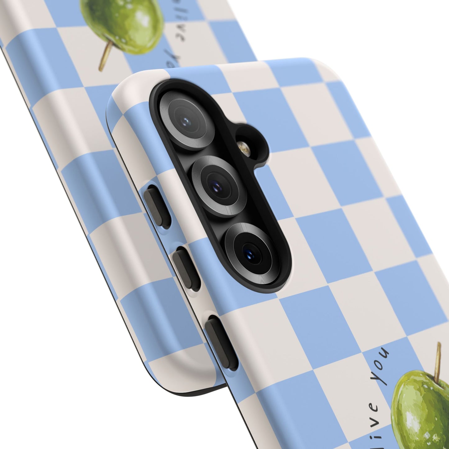 Blue Checkered Phone Case — 'Olive You' Patterned Protective Cover