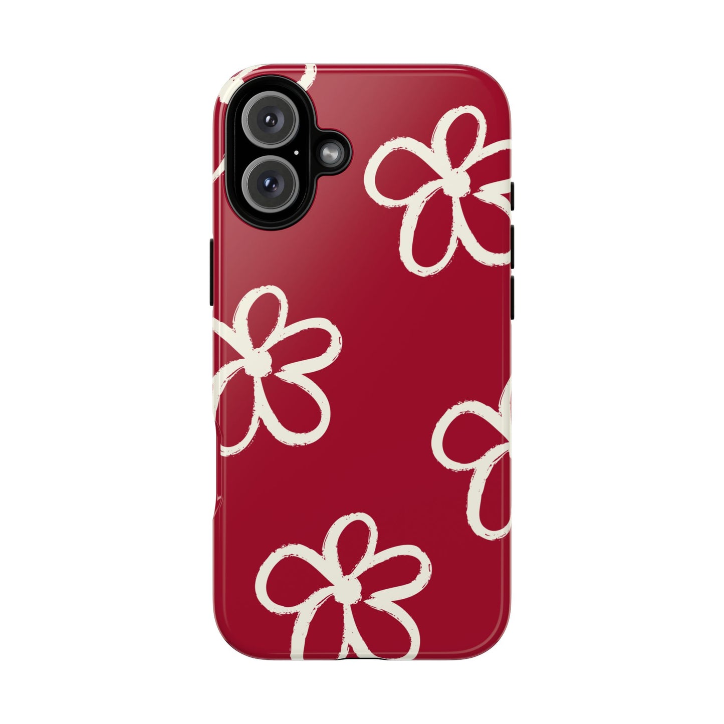 Red Floral Tough Phone Case — Hand-Drawn White Flowers on Burgundy