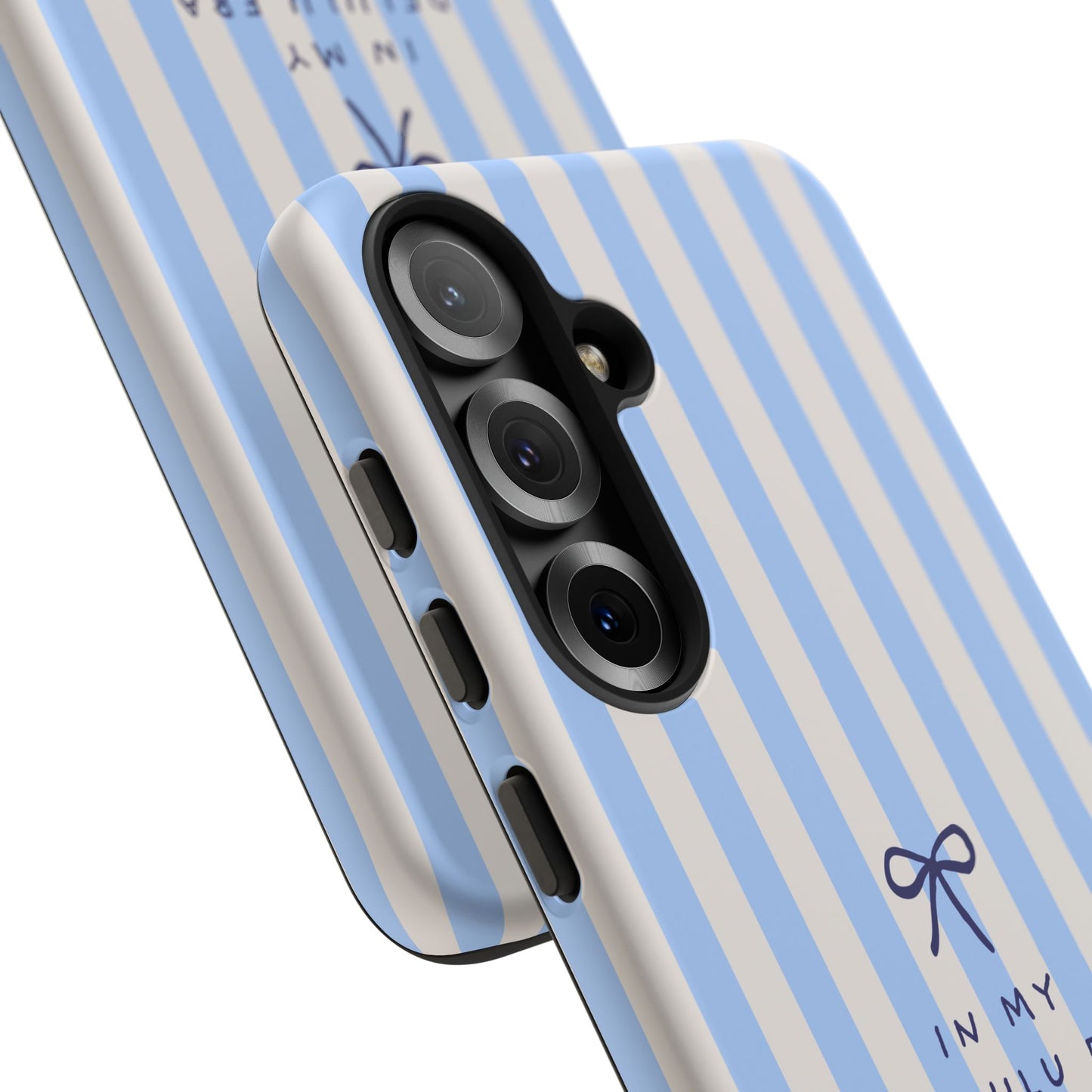 Striped Blue Phone Case — "In My Delulu Era" Cute Bow Design
