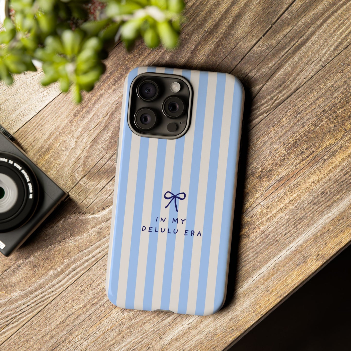 Striped Blue Phone Case — "In My Delulu Era" Cute Bow Design