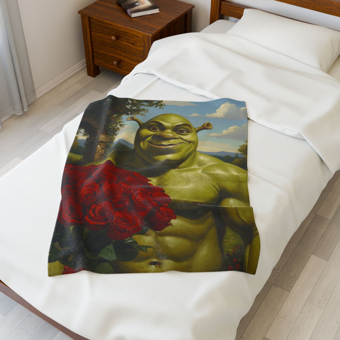 Plush Blanket - Muscular Ogre Holding Roses Velveteen Throw
