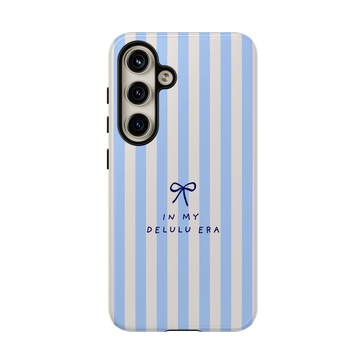 Striped Blue Phone Case — "In My Delulu Era" Cute Bow Design