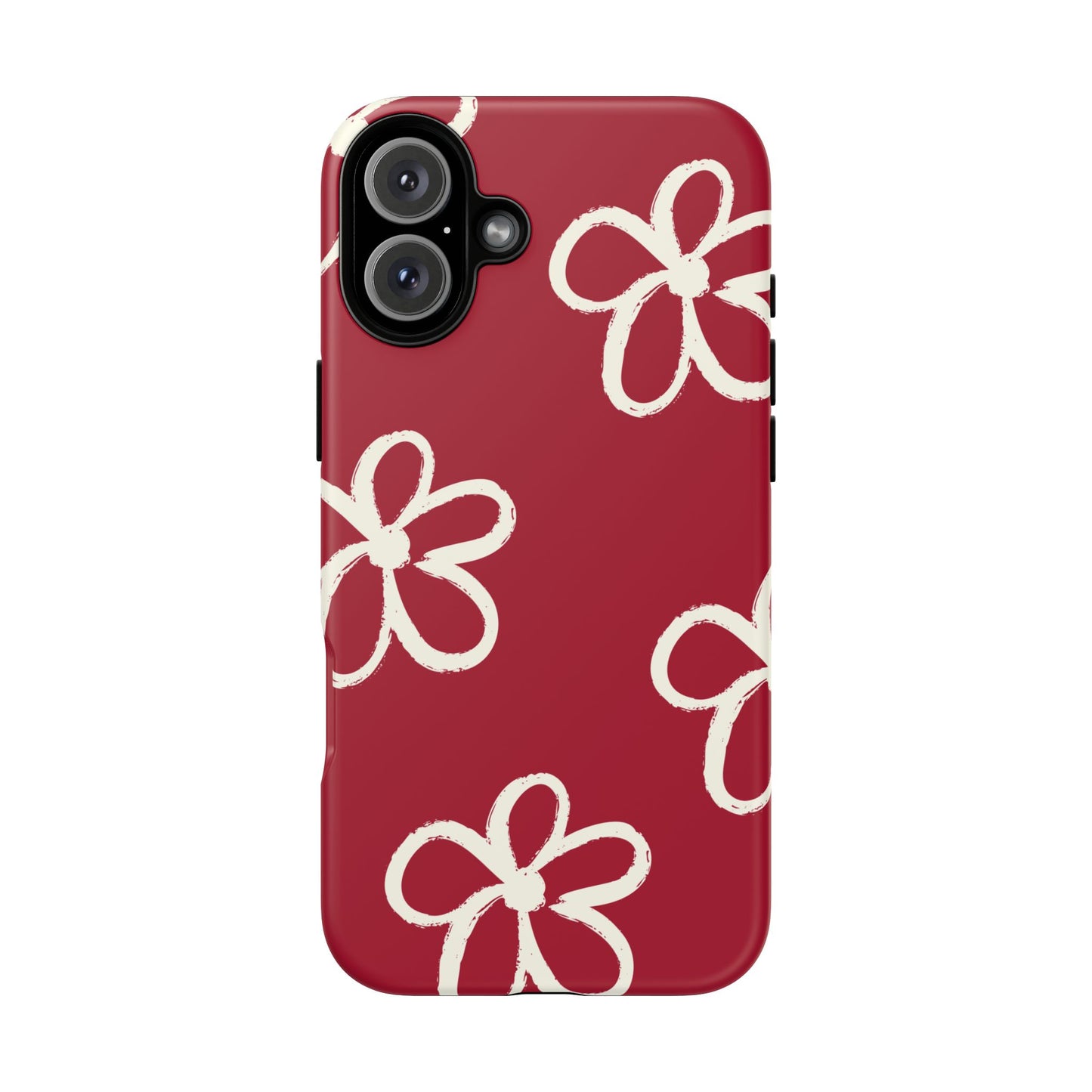 Red Floral Tough Phone Case — Hand-Drawn White Flowers on Burgundy
