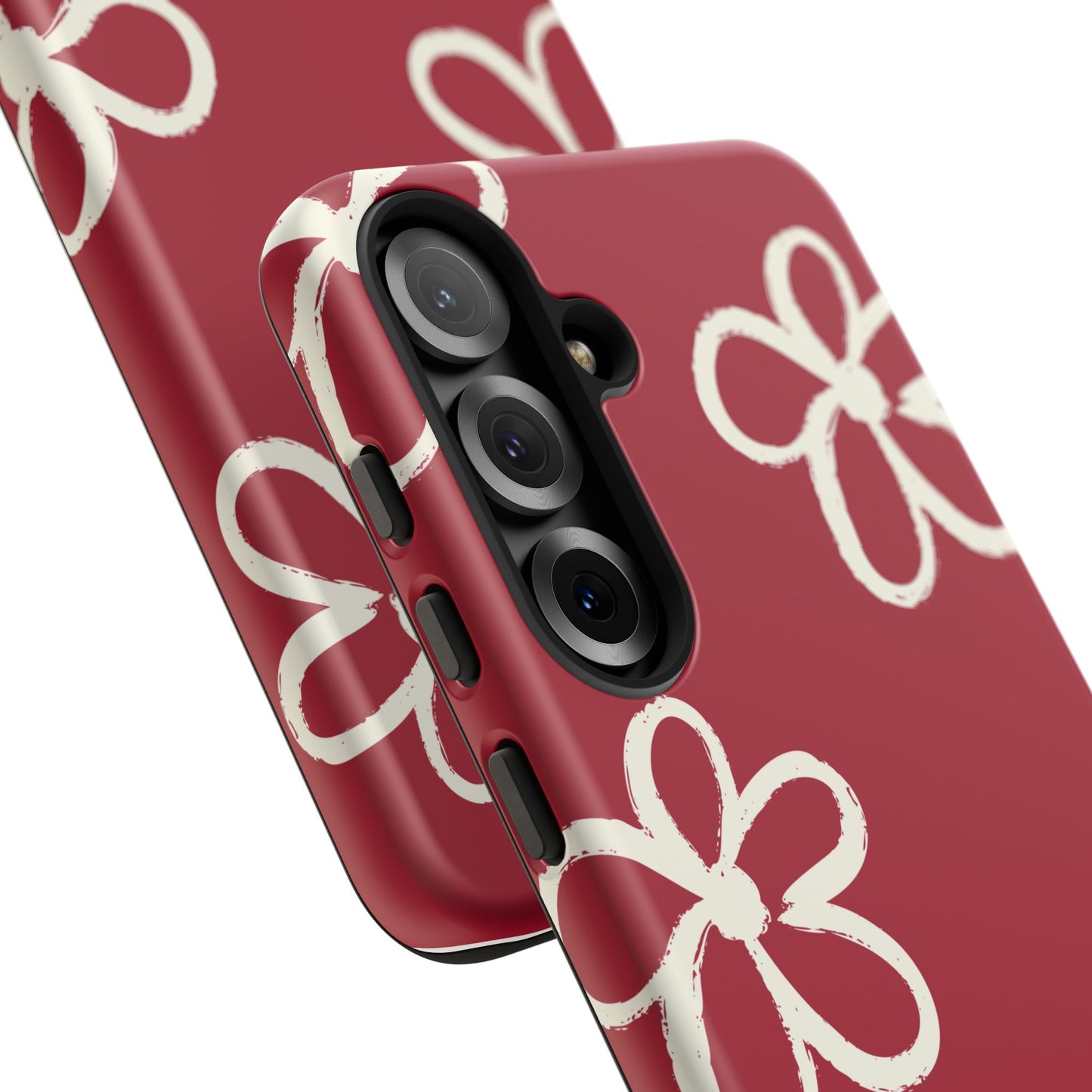 Red Floral Tough Phone Case — Hand-Drawn White Flowers on Burgundy