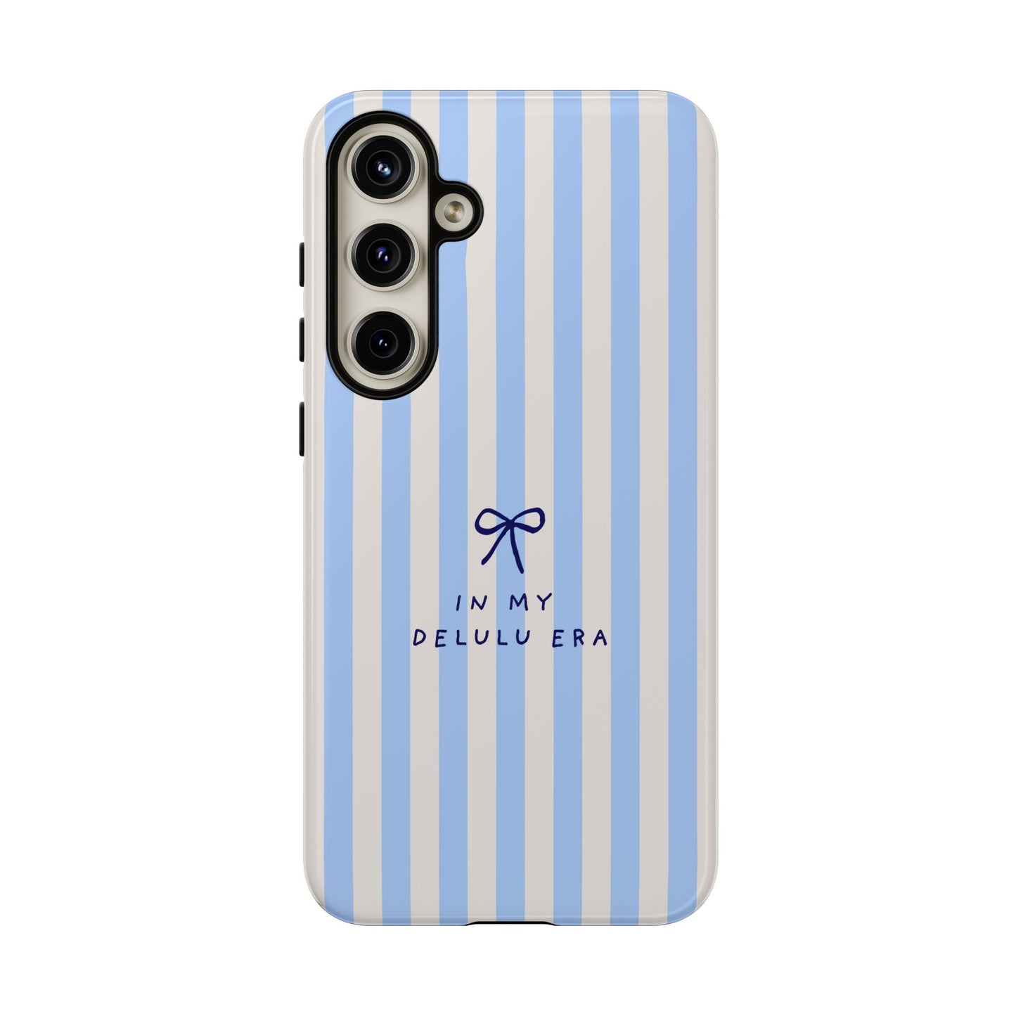 Striped Blue Phone Case — "In My Delulu Era" Cute Bow Design