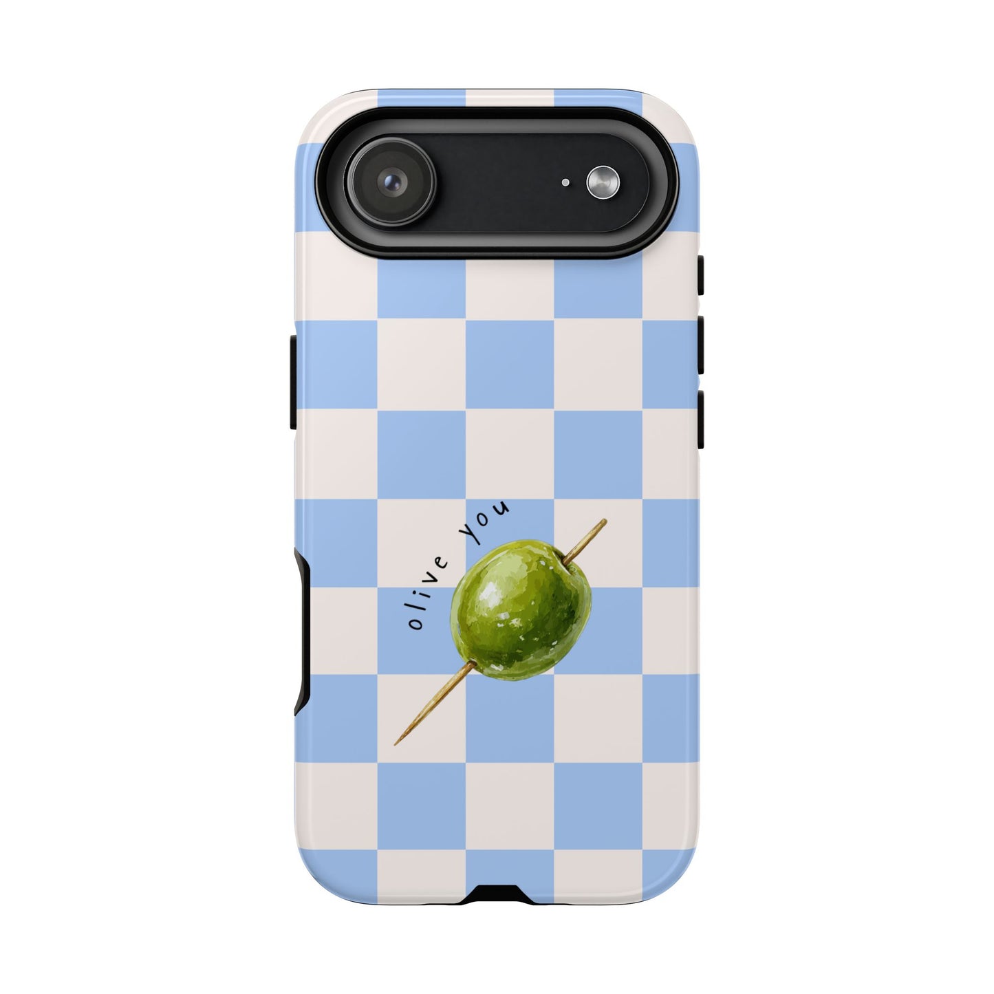 Blue Checkered Phone Case — 'Olive You' Patterned Protective Cover