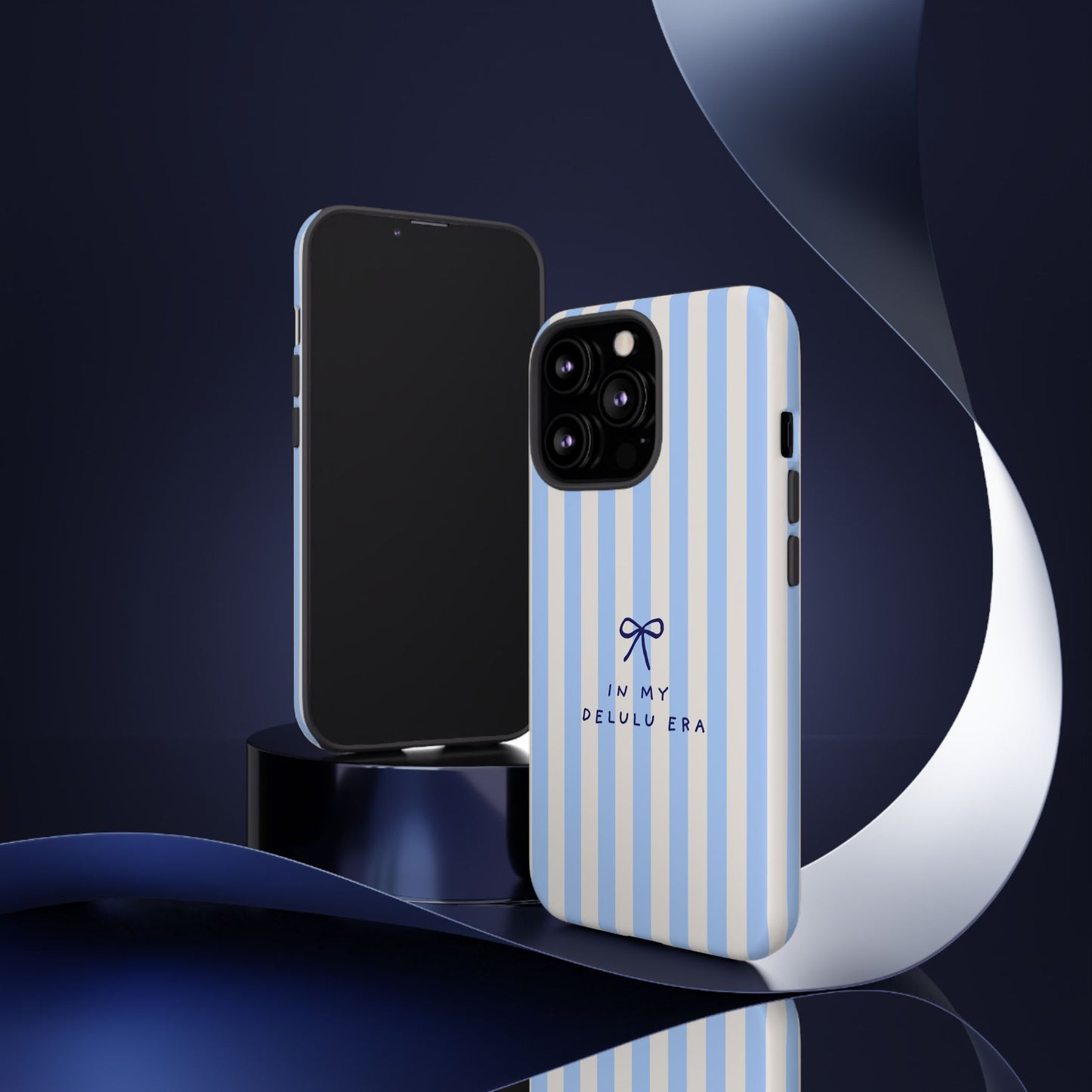 Striped Blue Phone Case — "In My Delulu Era" Cute Bow Design
