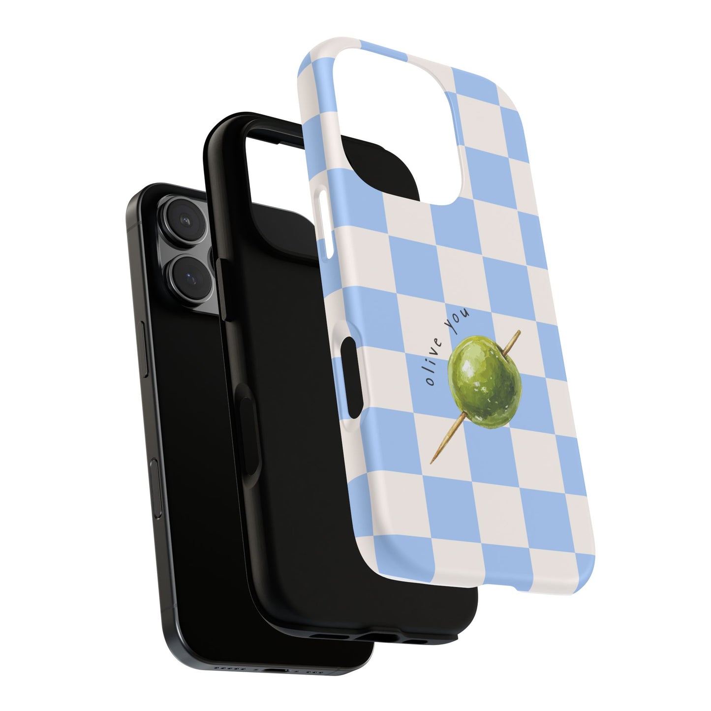 Blue Checkered Phone Case — 'Olive You' Patterned Protective Cover