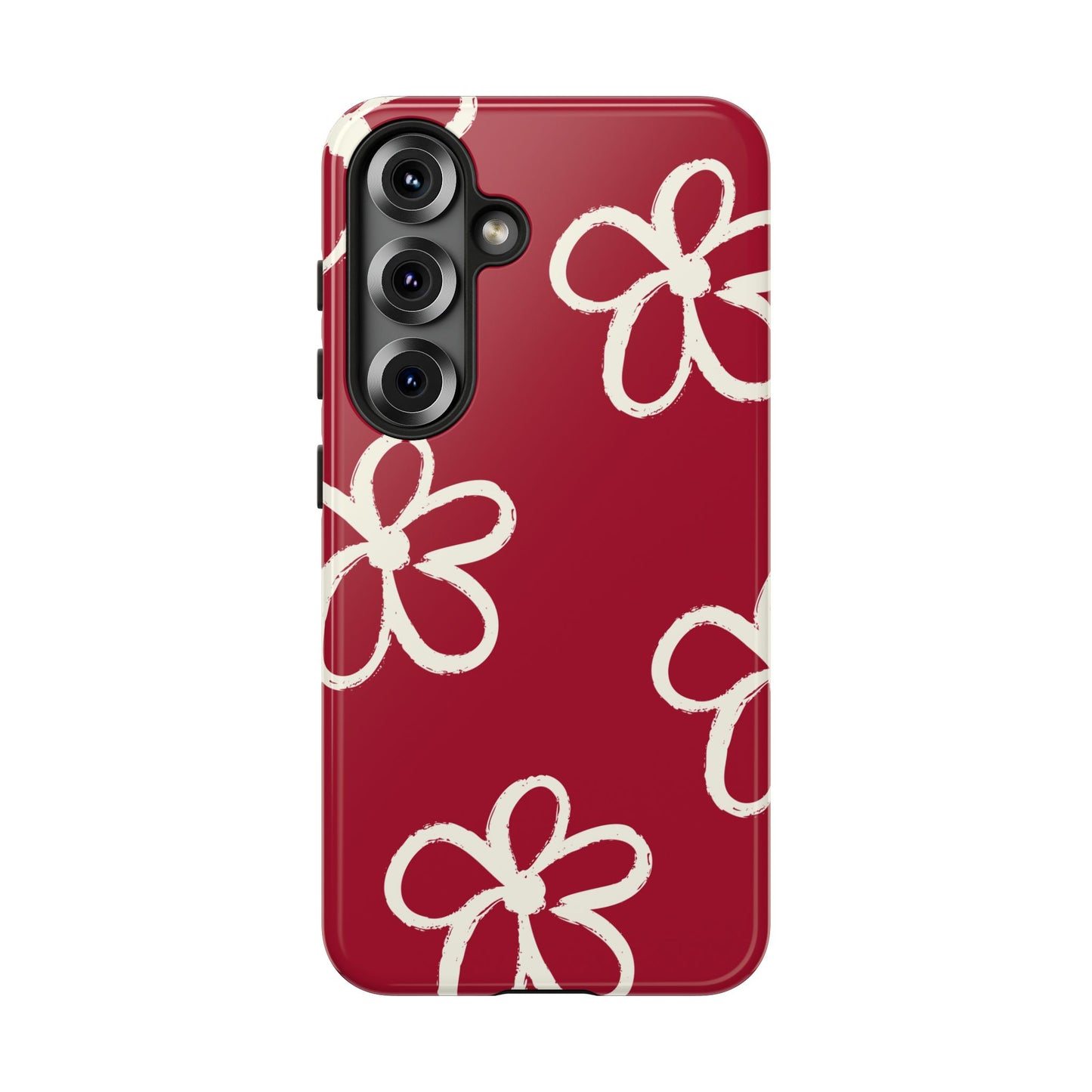 Red Floral Tough Phone Case — Hand-Drawn White Flowers on Burgundy