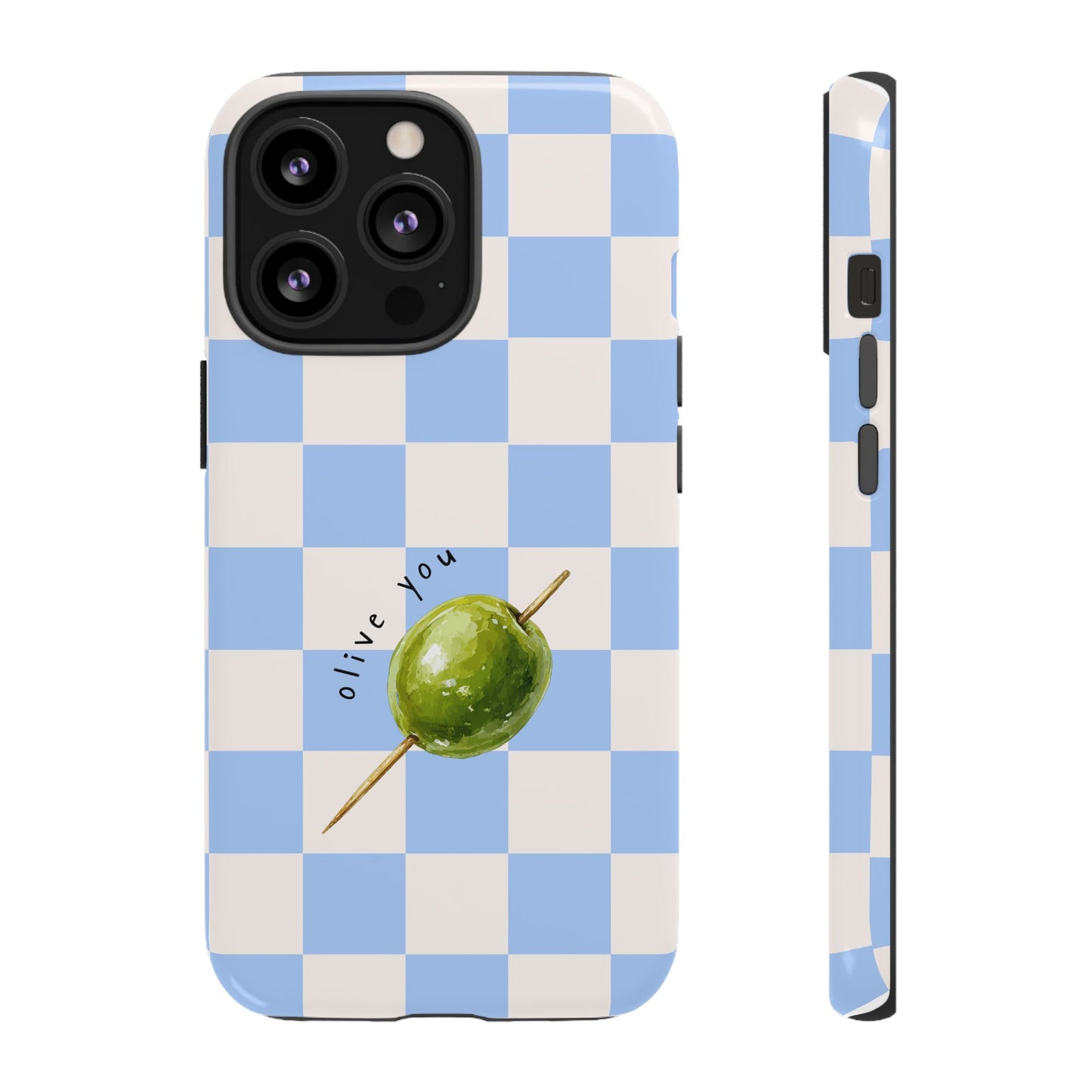 Blue Checkered Phone Case — 'Olive You' Patterned Protective Cover