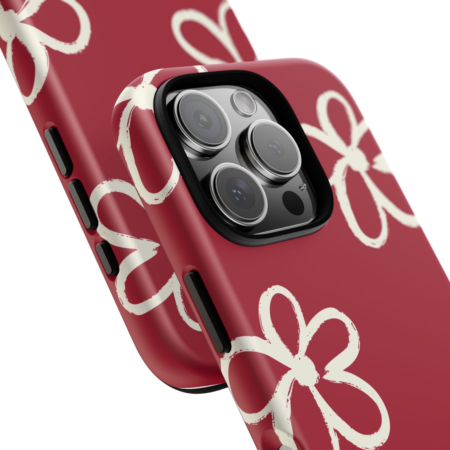 Red Floral Tough Phone Case — Hand-Drawn White Flowers on Burgundy