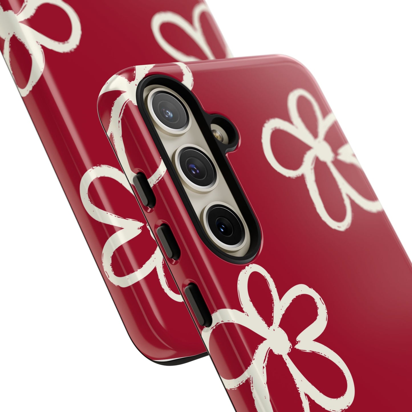 Red Floral Tough Phone Case — Hand-Drawn White Flowers on Burgundy
