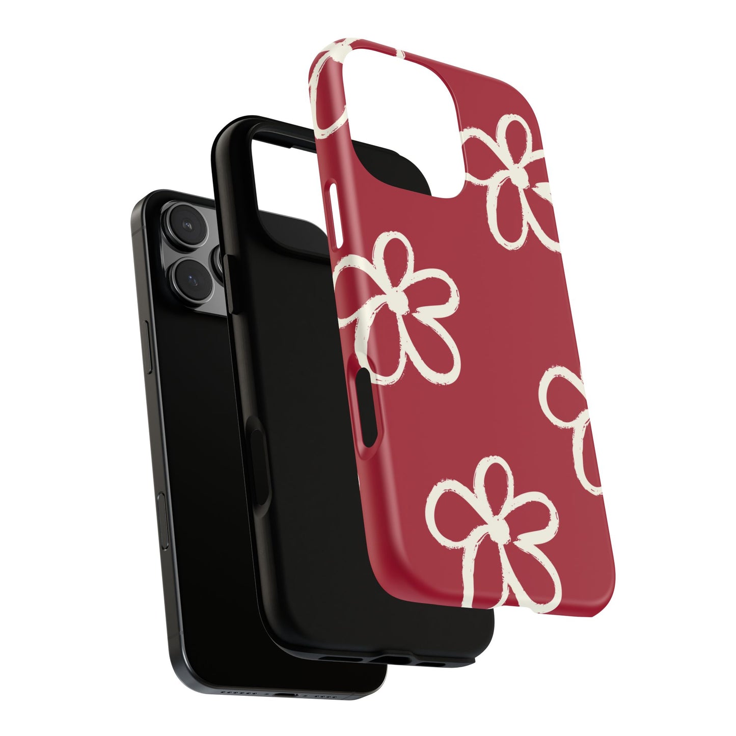 Red Floral Tough Phone Case — Hand-Drawn White Flowers on Burgundy