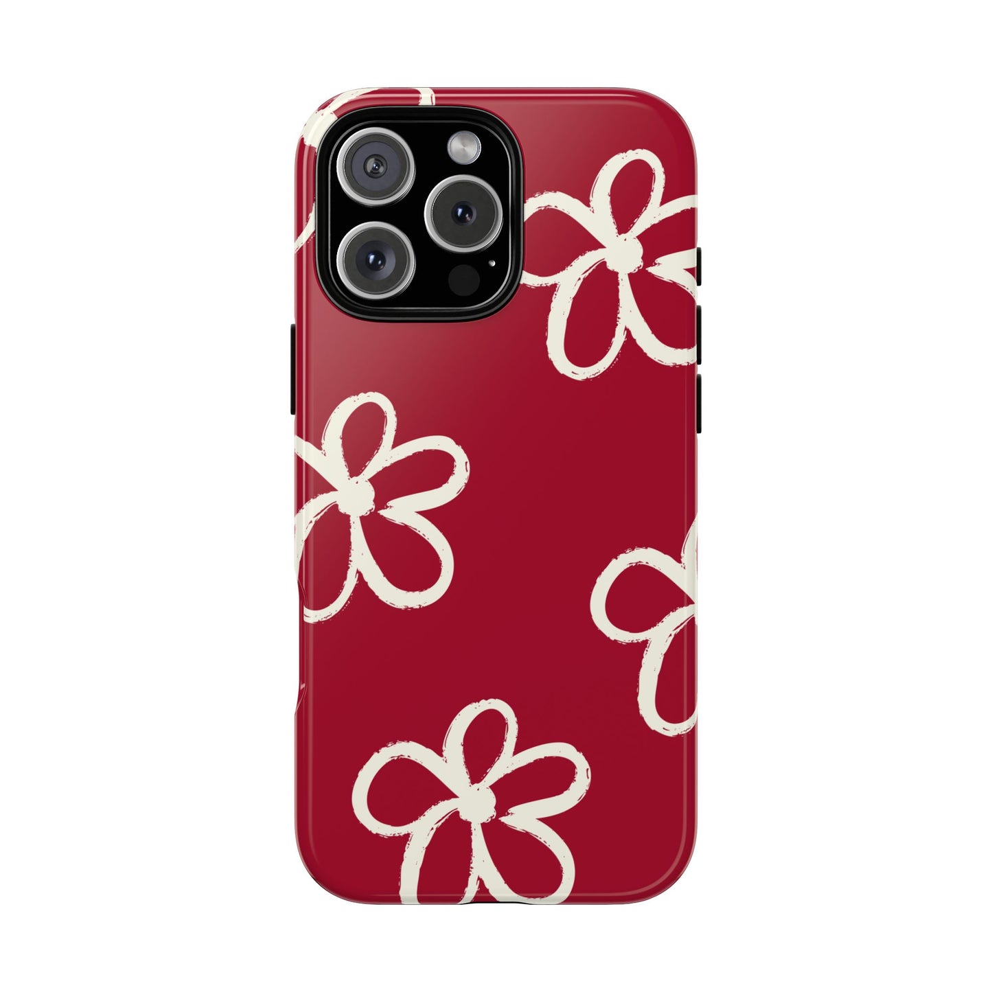 Red Floral Tough Phone Case — Hand-Drawn White Flowers on Burgundy