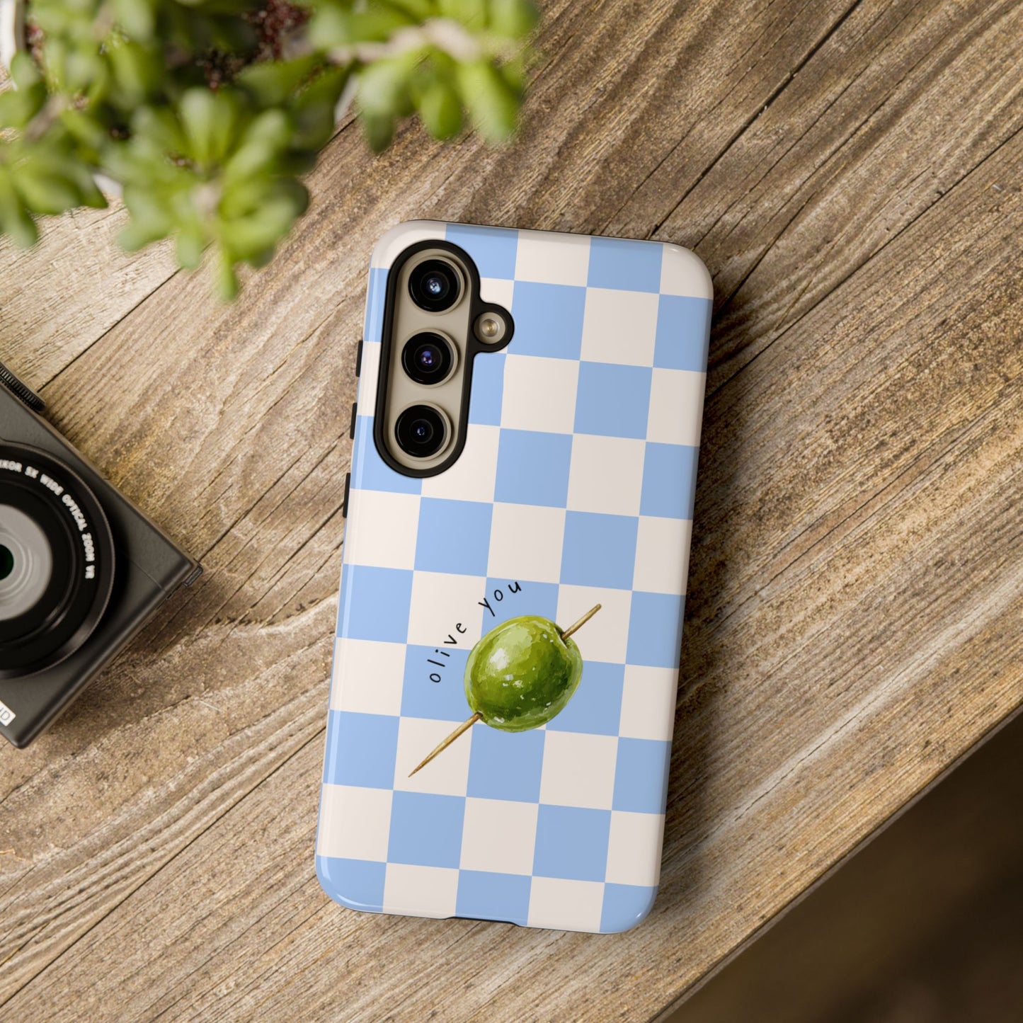 Blue Checkered Phone Case — 'Olive You' Patterned Protective Cover