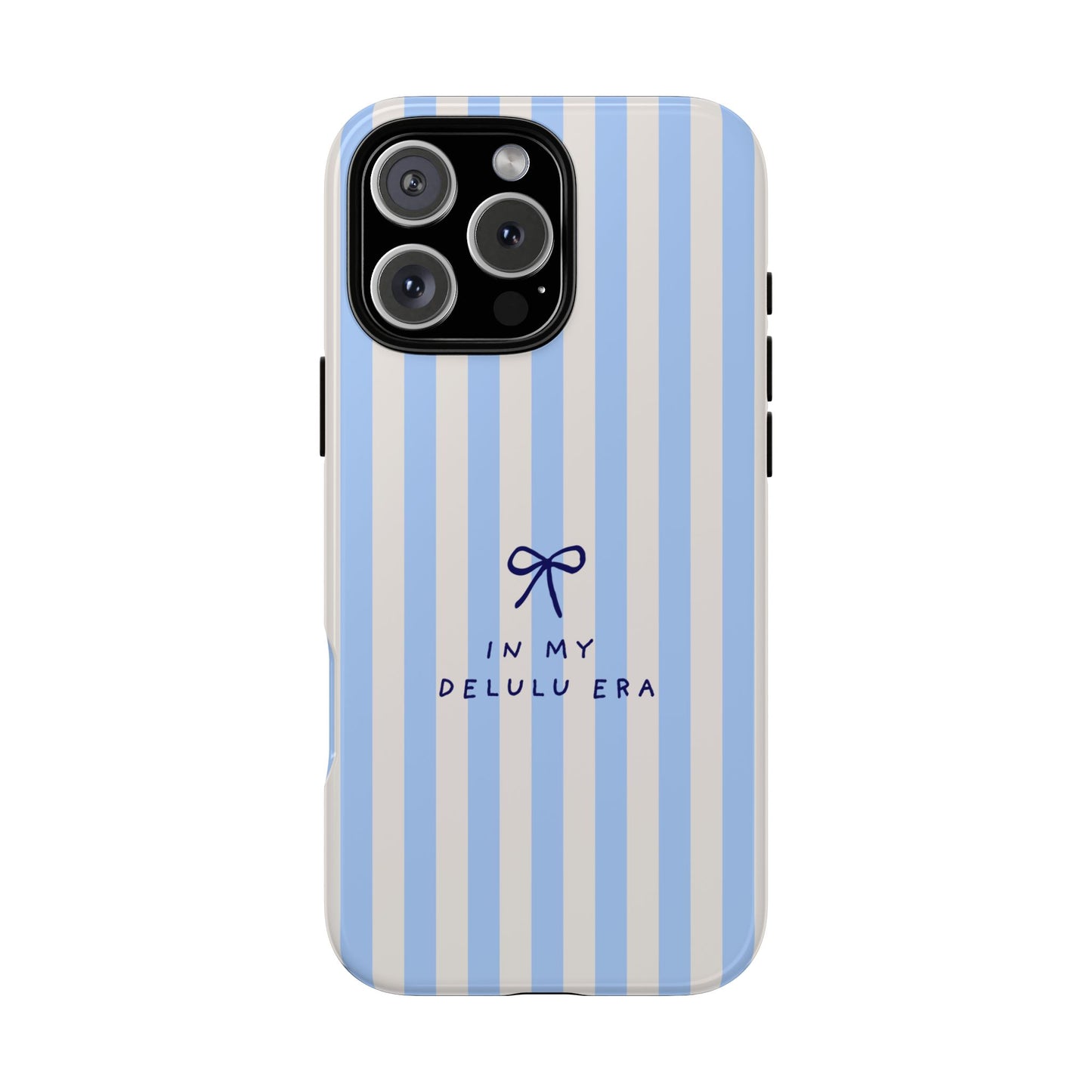 Striped Blue Phone Case — "In My Delulu Era" Cute Bow Design