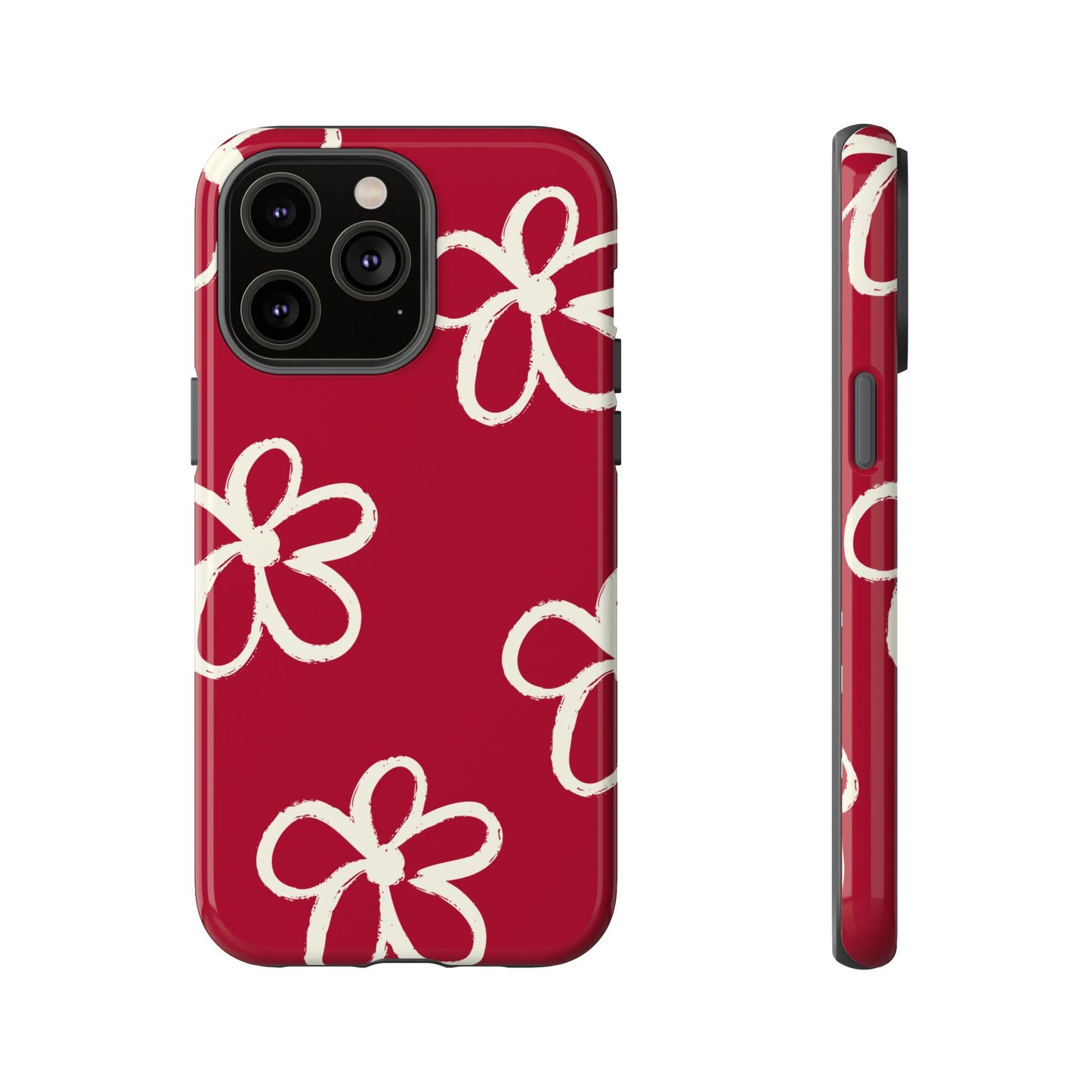 Red Floral Tough Phone Case — Hand-Drawn White Flowers on Burgundy