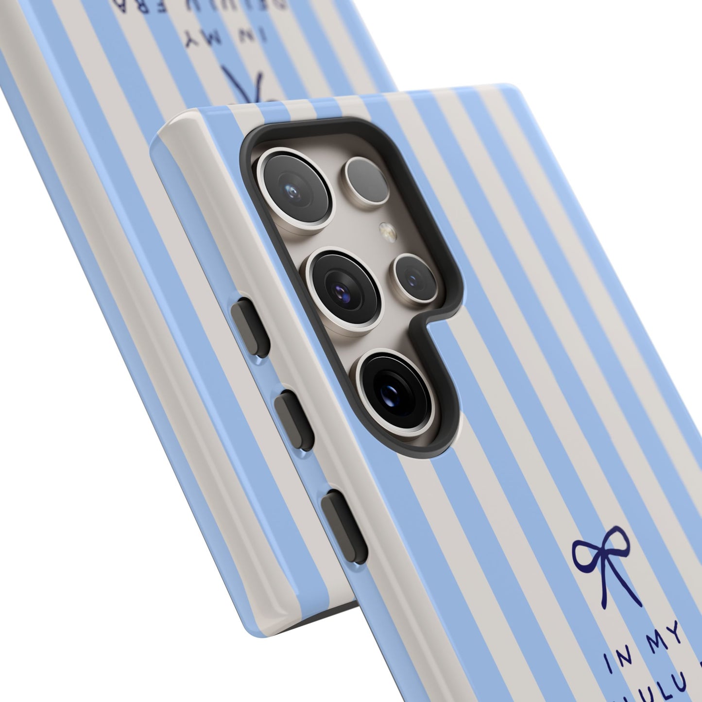 Striped Blue Phone Case — "In My Delulu Era" Cute Bow Design