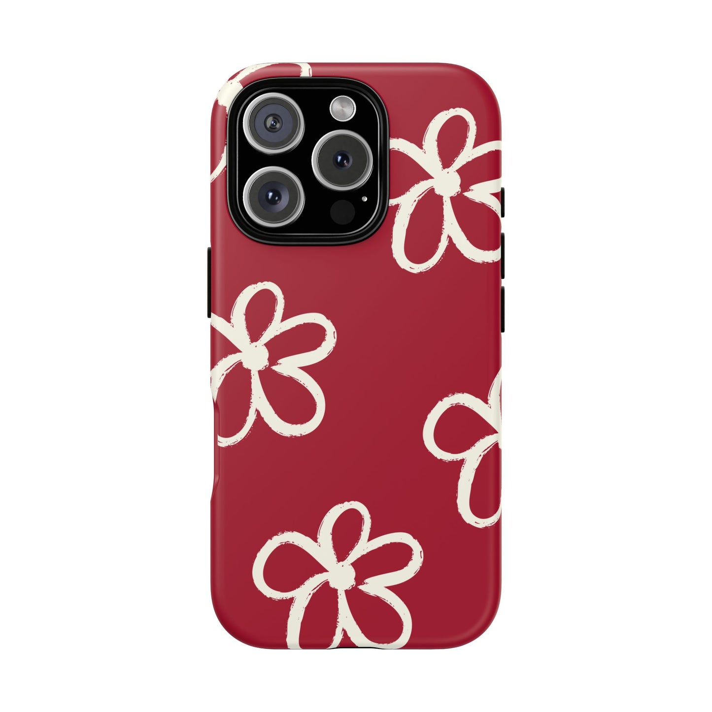 Red Floral Tough Phone Case — Hand-Drawn White Flowers on Burgundy