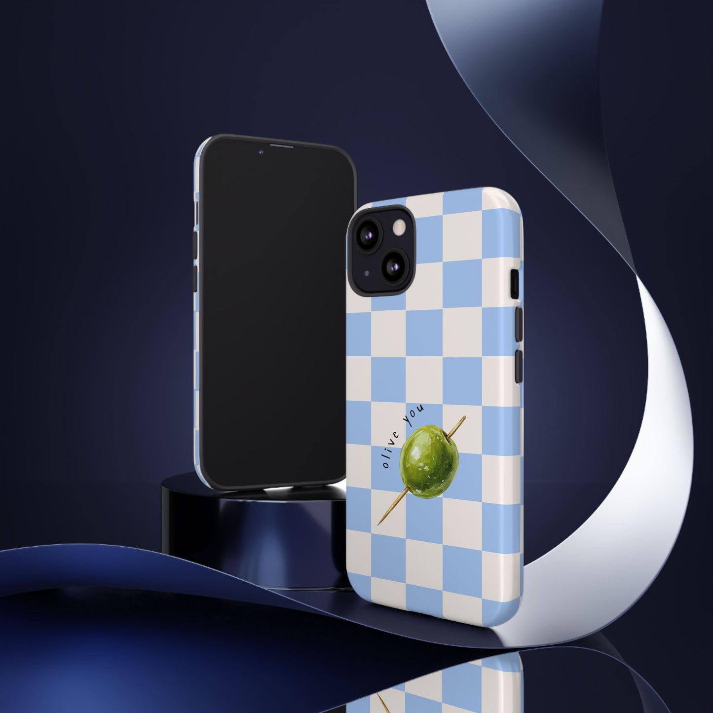 Blue Checkered Phone Case — 'Olive You' Patterned Protective Cover