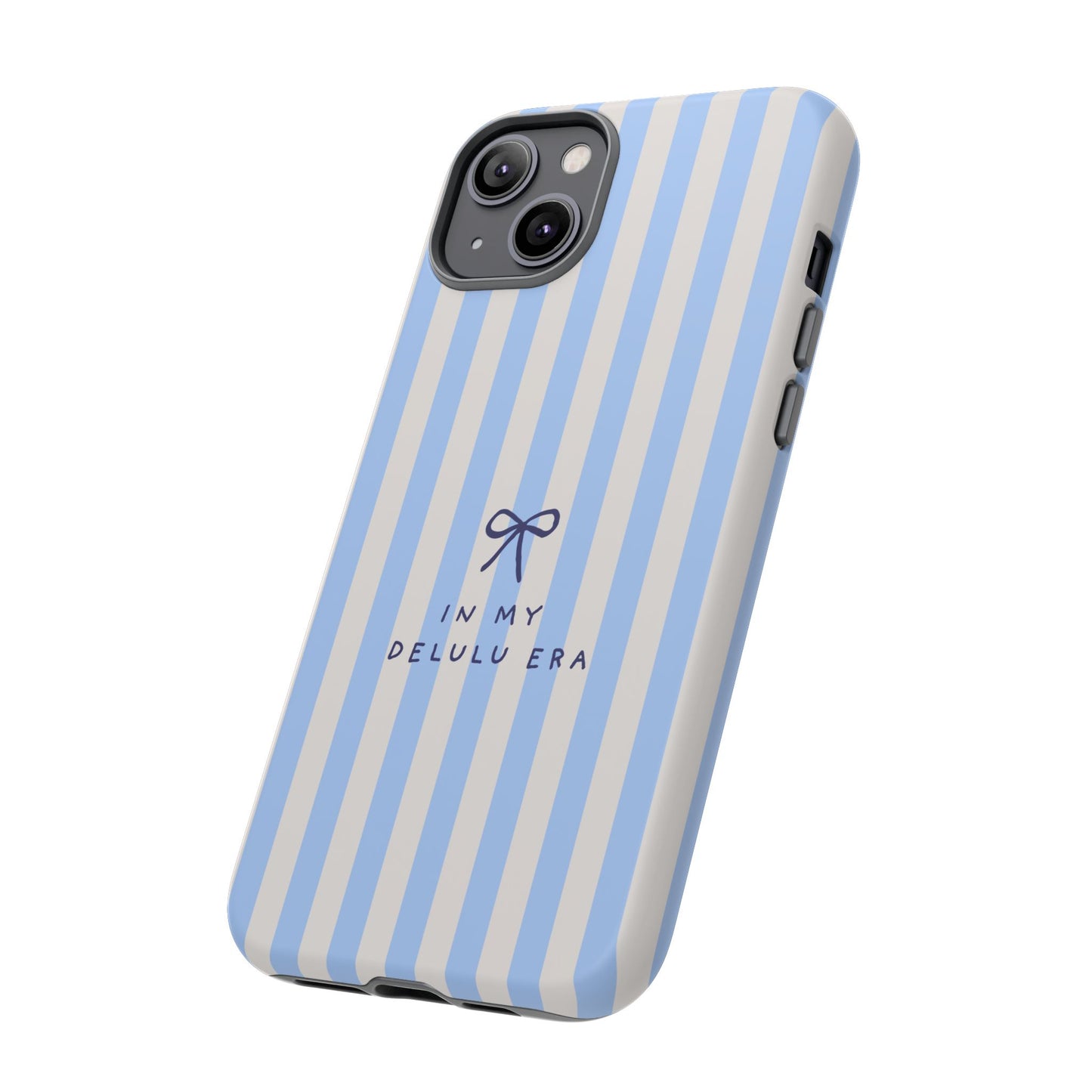 Striped Blue Phone Case — "In My Delulu Era" Cute Bow Design