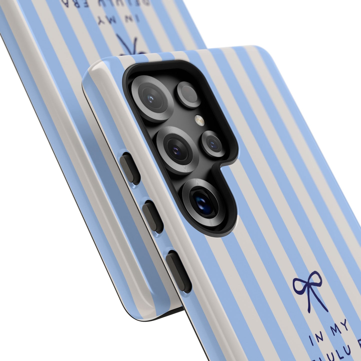 Striped Blue Phone Case — "In My Delulu Era" Cute Bow Design