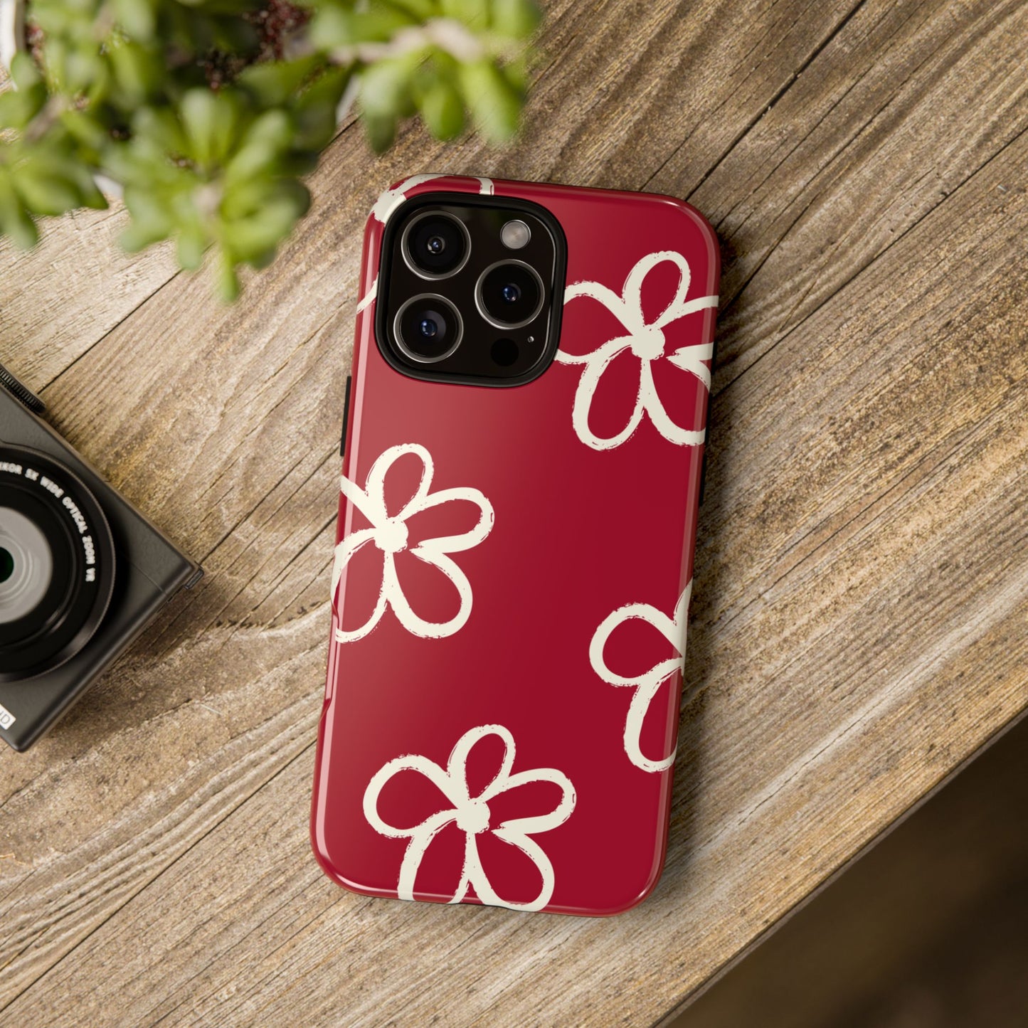 Red Floral Tough Phone Case — Hand-Drawn White Flowers on Burgundy