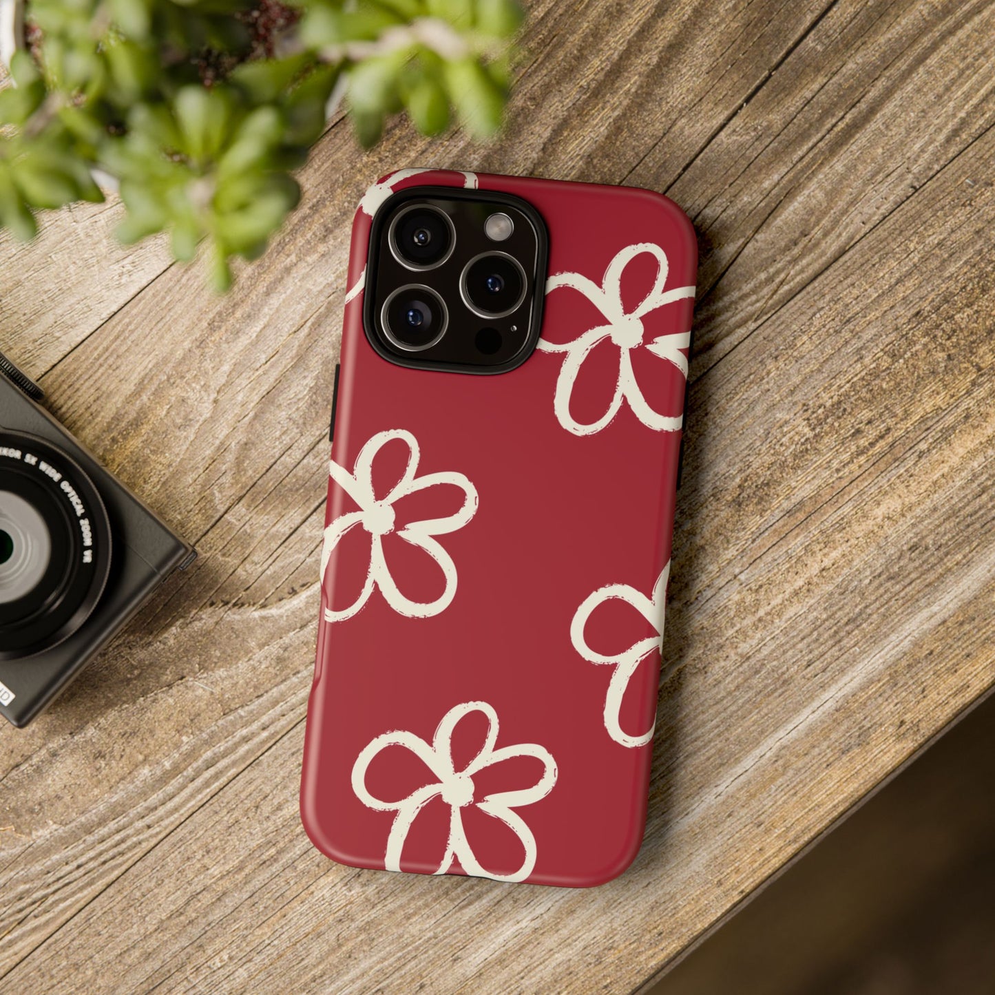 Red Floral Tough Phone Case — Hand-Drawn White Flowers on Burgundy