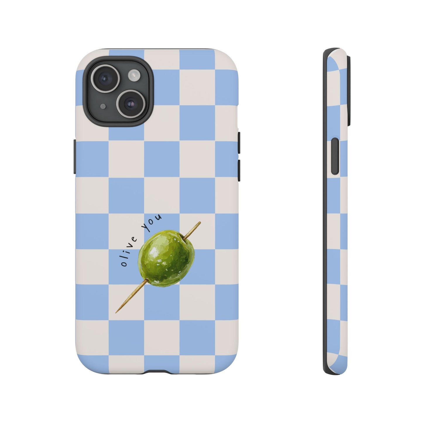 Blue Checkered Phone Case — 'Olive You' Patterned Protective Cover